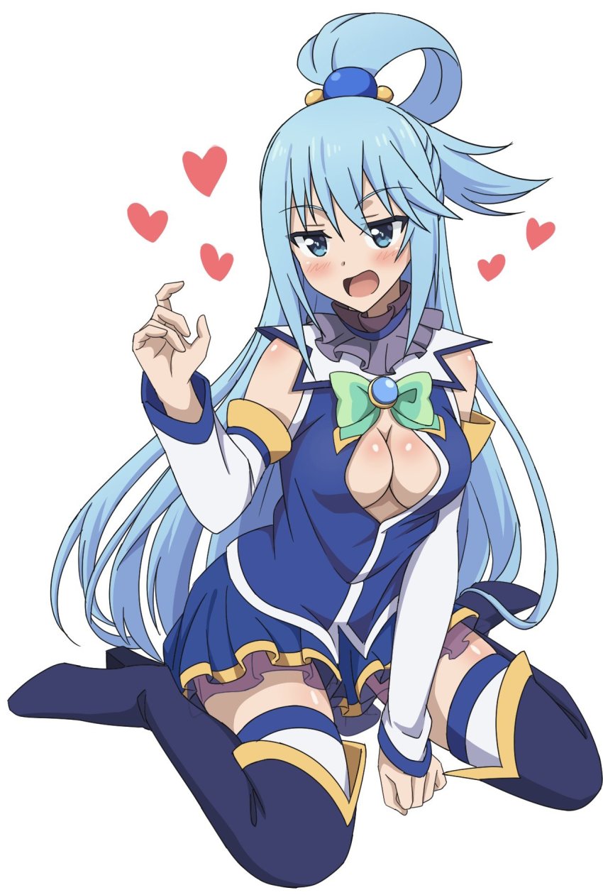1girls, aqua (konosuba), bangs, bare shoulders, blue eyes, blue shirt, blue skirt, blush, bow, bowtie, breasts, cleavage, detached sleeves, female, full body, gem, green bow, green bowtie, green hair, hair ornament, hair rings, hand up, heart, highres, kanata mako, kono subarashii sekai ni shukufuku wo!, long hair, long sleeves, medium breasts, open mouth, shiny, shiny hair, shiny skin, shirt, simple background, sitting, skirt, smile, solo, thighhighs, wariza, white background, white thighhighs