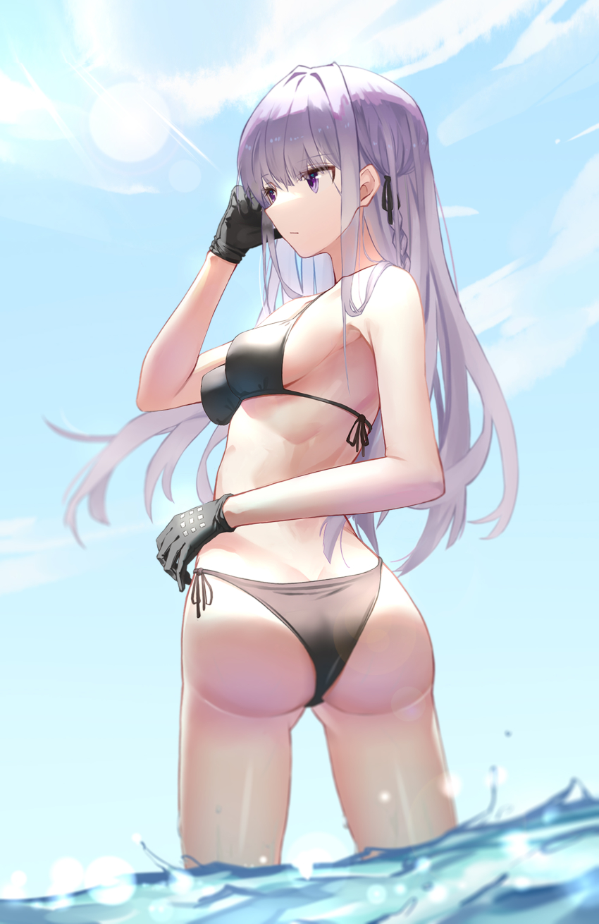 1girls, ass, bikini, black bikini, black swimsuit, breasts, clouds, danganronpa, danganronpa 1, danganronpa: trigger happy havoc, female, female only, gloves, in water, kirigiri kyouko, light skin, light-skinned female, long hair, medium breasts, ocean, outside, purple eyes, ribbon in hair, side-tie bikini, side-tie swimsuit, silver hair, single braid, sky, smilent, solo, straight hair, swimsuit, water