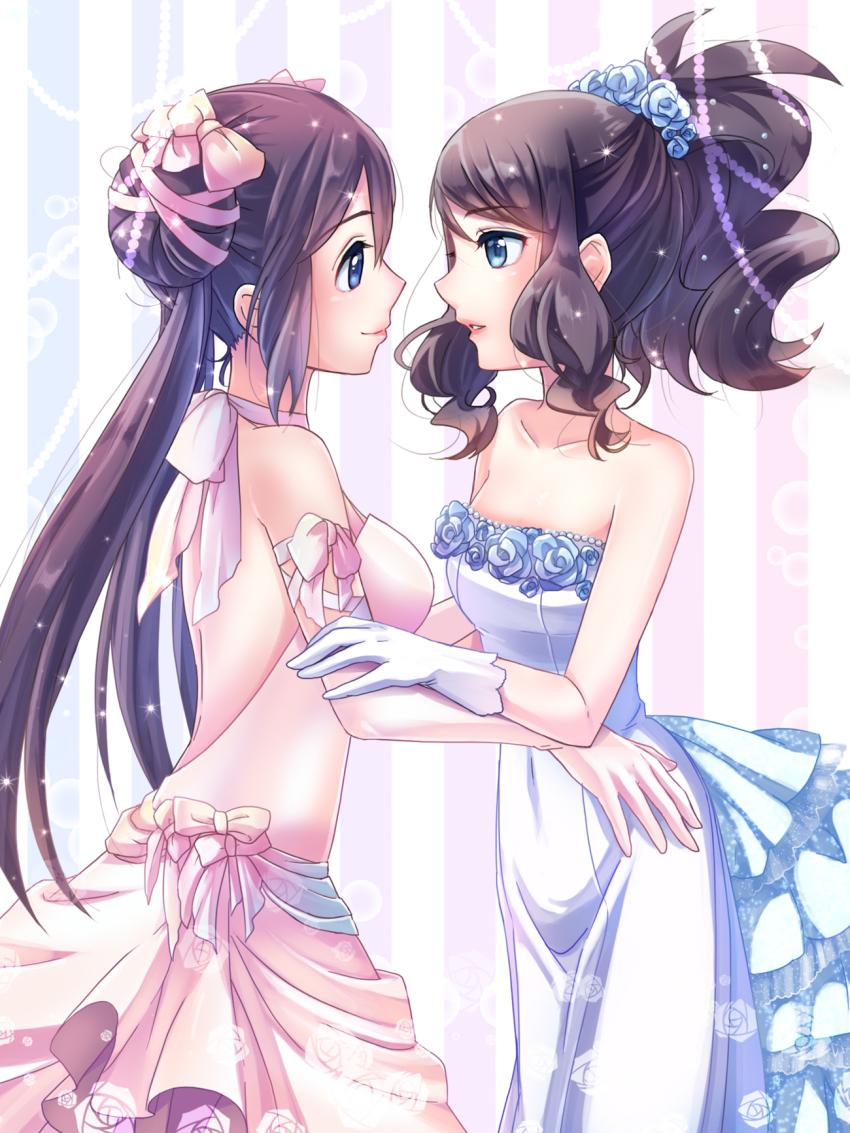 2girls, backless dress, black hair, blue eyes, breasts, bride, bride and bride, double bun, dress, female, female only, game freak, gloves, hair bun, hair ornament, hilda (pokemon), lesbian wedding, medium breasts, nintendo, pink dress, pokemon, pokemon bw, pokemon bw2, ponytail, rosa (pokemon), sky-sky, strapless, strapless dress, wedding dress, white dress, wife and wife, yuri, yuri wedding