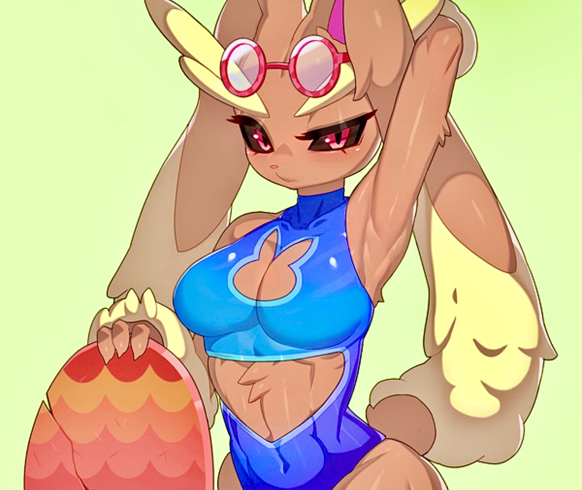 armpits, belly button, big breasts, boob window, breasts, bunny, bunny ears, bunny girl, bunny tail, drunkoak, exposed belly, female, female focus, female only, generation 4 pokemon, latex, lopunny, nintendo, one-piece swimsuit, onesie, playboy bunny, pokémon (species), pokemon, pokemon (species), pokemon bw, pokemon only, red eyes, surfboard, swimsuit, tight clothing, tight fit