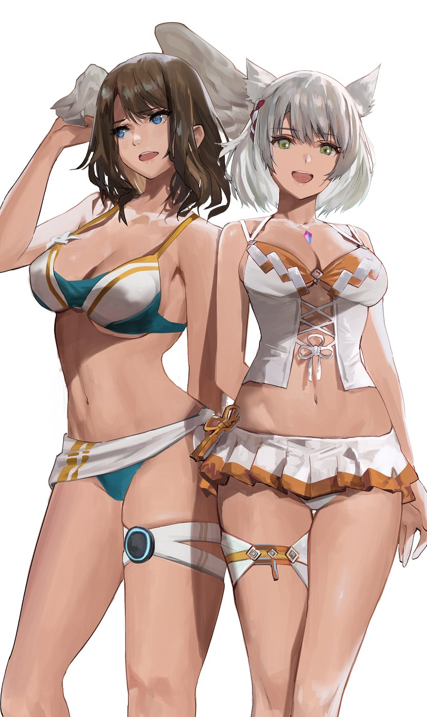 2girls bangs bare_shoulders big_breasts bikini blue_bikini blue_eyes blue_swimsuit blush blushing boobs breast_tattoo breasts brown_hair cat_ears catgirl cleavage core_crystal eunie_(xenoblade) female female_only hartman_hips highres j@ck large_breasts medium_breasts medium_hair midriff mio_(xenoblade) multiple_girls navel orange_bikini orange_swimsuit short_hair silver_hair simple_background skirt smile swimsuit tattoo thick_thighs thigh_strap thighs white_hair wings wings_on_head xenoblade_(series) xenoblade_chronicles_3 yellow_eyes