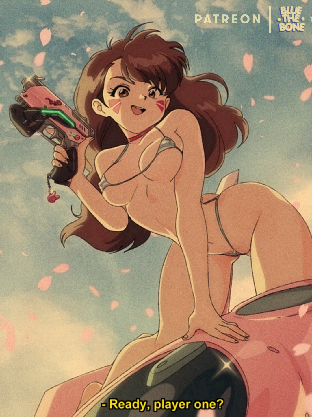 1girls, 2d, activision, ass, big breasts, bikini, blizzard entertainment, bluethebone, breasts, brown eyes, brown hair, d.va, english text, female, female focus, female only, hana song, korean female, long hair, looking at viewer, micro bikini, nipple bulge, overwatch, retro artstyle, skimpy, skimpy bikini, solo, swimsuit