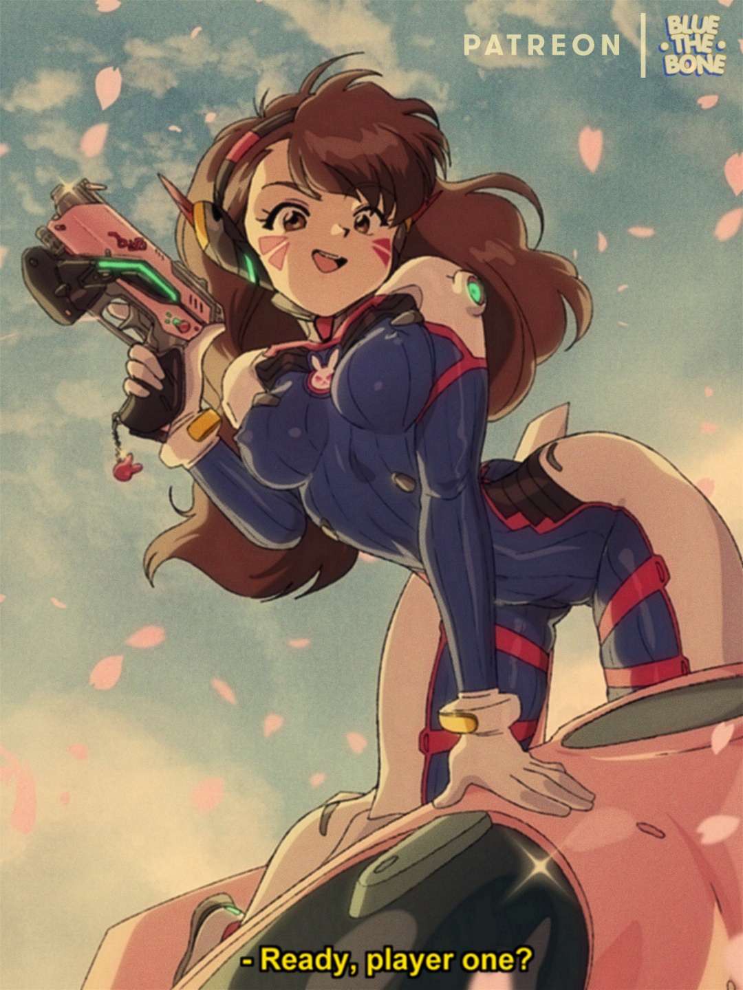 1girls, 2022, 2d, 2d (artwork), activision, artist name, ass, big breasts, blizzard entertainment, bluethebone, bodysuit, breasts, brown eyes, brown hair, clothed, clothed female, clothing, d.va, energy weapon, english text, female, female focus, female only, fully clothed, gun, hana song, korean female, light gun (pistol), light skin, light-skinned female, long hair, looking at viewer, nipple bulge, overwatch, patreon, pistol, questionable, retro artstyle, sfw, sky, solo, solo female, text, tight clothing, tokki, tokki (overwatch), vehicle, weapon
