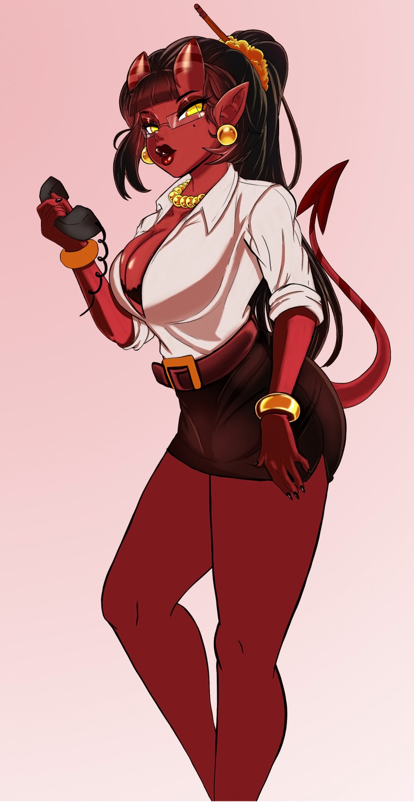 1girls, big breasts, black hair, blouse, bra, bracelets, breasts, cleavage, demon, demon girl, demon tail, earrings, eyelashes, eyeliner, eyeshadow, female, female only, glasses, holding phone, horn, large breasts, lingerie, lipstick, long hair, looking at viewer, makeup, meru (merunyaa), merunyaa, miniskirt, mole, mole under eye, nail polish, necklace, office lady, original, original character, painted fingernails, pencil in hair, pencil skirt, phone, ponytail, red skin, shirt, skirt, succubus, tail, white blouse, yellow eyes