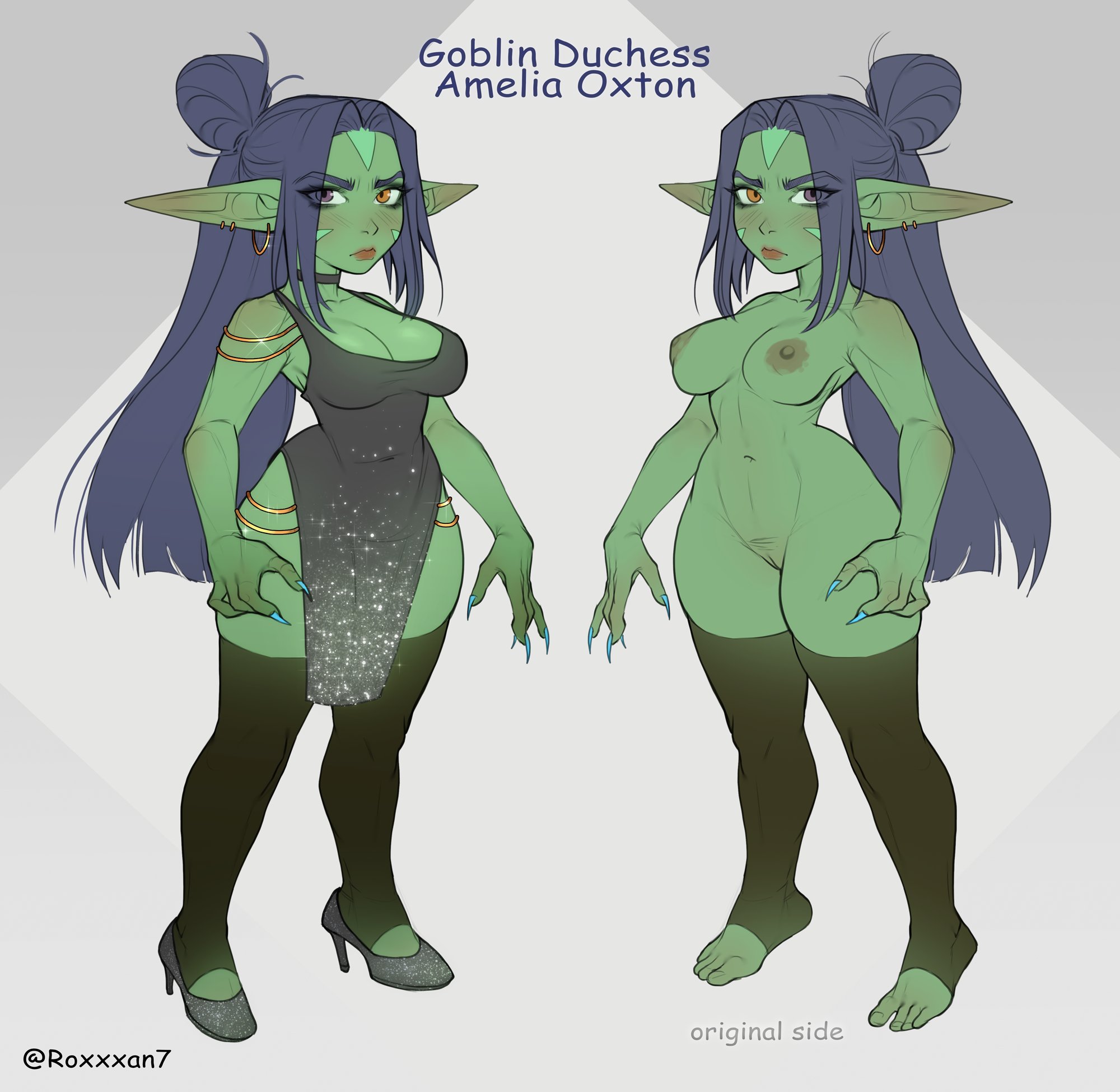 1girls, 2022, amelia oxton (roxxxan), areolae, blue hair, breasts, character sheet, choker, dress, duchess of oxton (roxxxan), earrings, female, female only, full body, goblin, goblin female, green skin, green-skinned female, hair bun, heels, heterochromia, hi res, legwear, light blush, long hair, looking at viewer, meezady, nipples, nude, nude female, orange eyes, pointy ears, purple eyes, pussy, roxxxan, shortstack, solo, thighhighs, toeless legwear