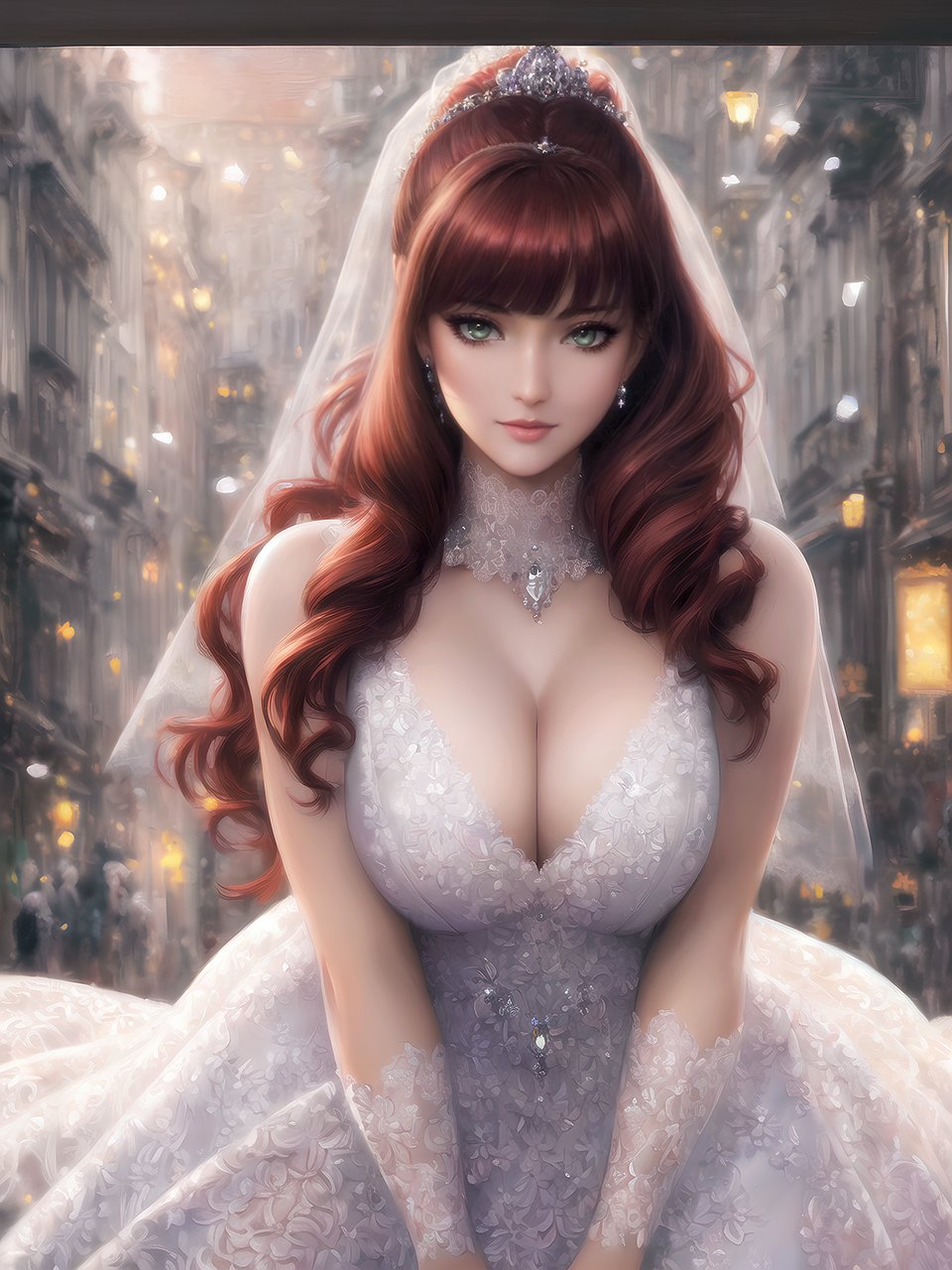 1girls, ai generated, big breasts, breasts, bride, bride gown, cleavage, curvaceous, curvy female, curvy figure, female, female only, high resolution, long hair, looking at viewer, original, red hair, seductive look, solo, stable diffusion, wedding dress