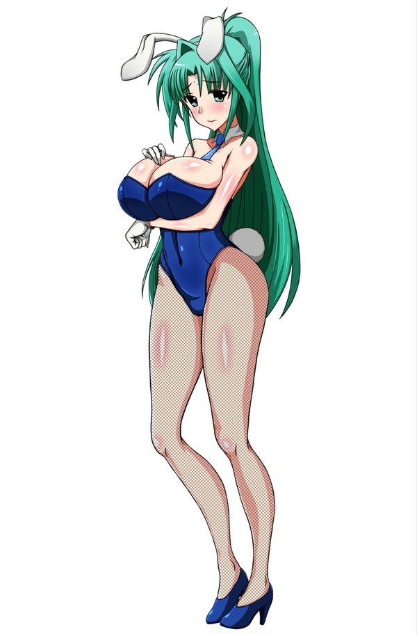 big_breasts blue_eyes bunny_ears bunny_girl bunny_tail bunnysuit fishnets heels lindy_harlaown long_green_hair looking_at_viewer mahou_shoujo_lyrical_nanoha ponytail space_gorilla tie white_background white_gloves