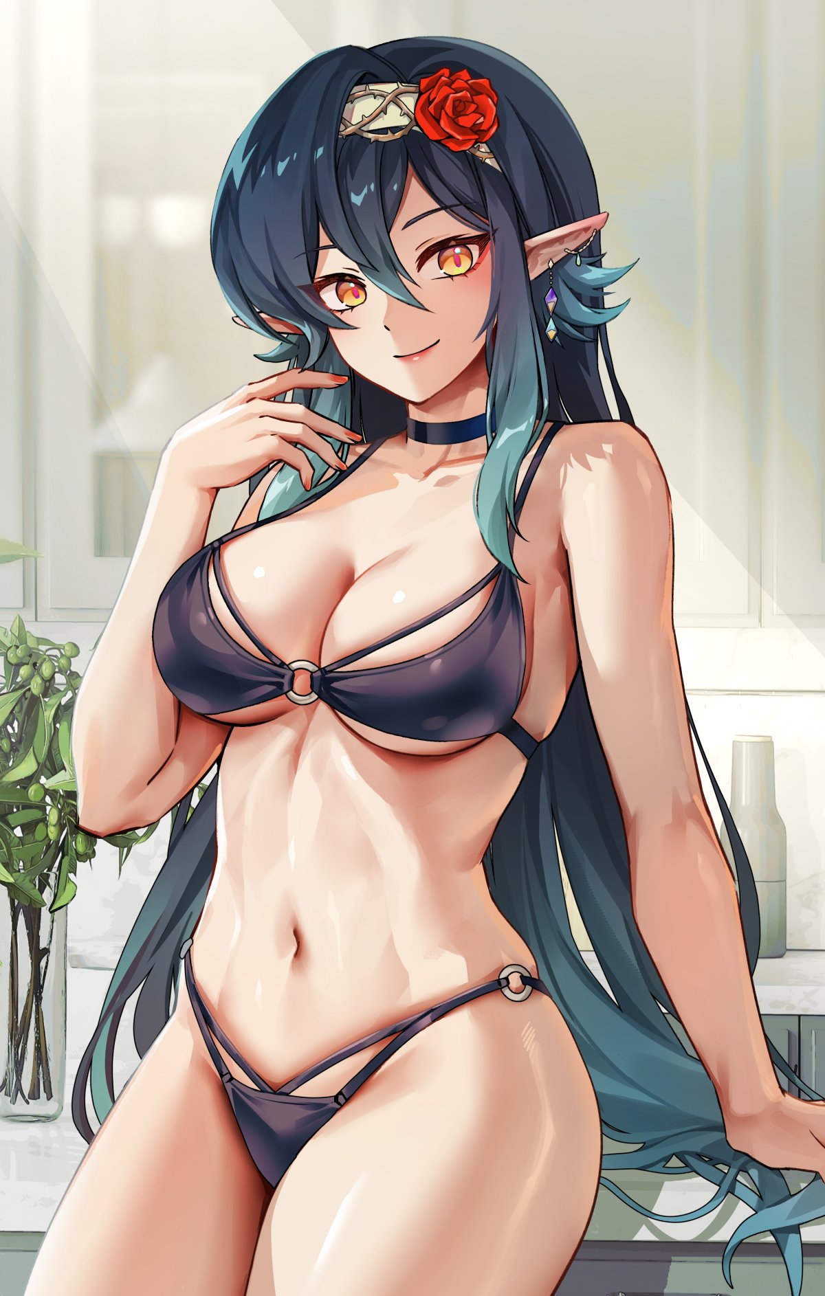 1girls, bikini, black bikini, breasts, female, foxy rain (foxyreine), foxyrain (foxyreine), foxyreine, green hair, hips, large breasts, light skin, light-skinned female, long hair, oc, orange eyes, original, original character, pointy ears, slim waist, thick thighs, thighs, wide hips