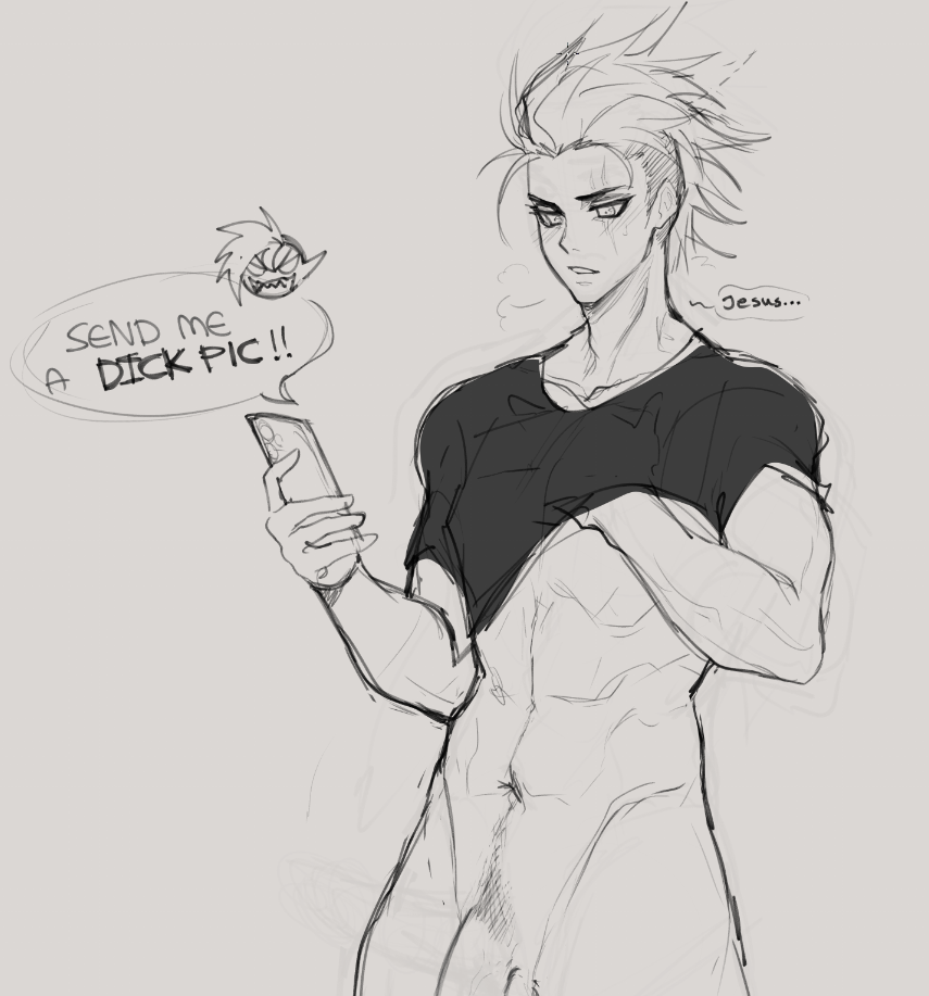 1boy 1girls abs angry blade_(bladechan28) bladechan28 blush english_text horny_female leo_(mlg420bonghitz) lifting_shirt looking_at_phone monochrome muscular_male original phone sigh smartphone solo_male speech_bubble text undressing