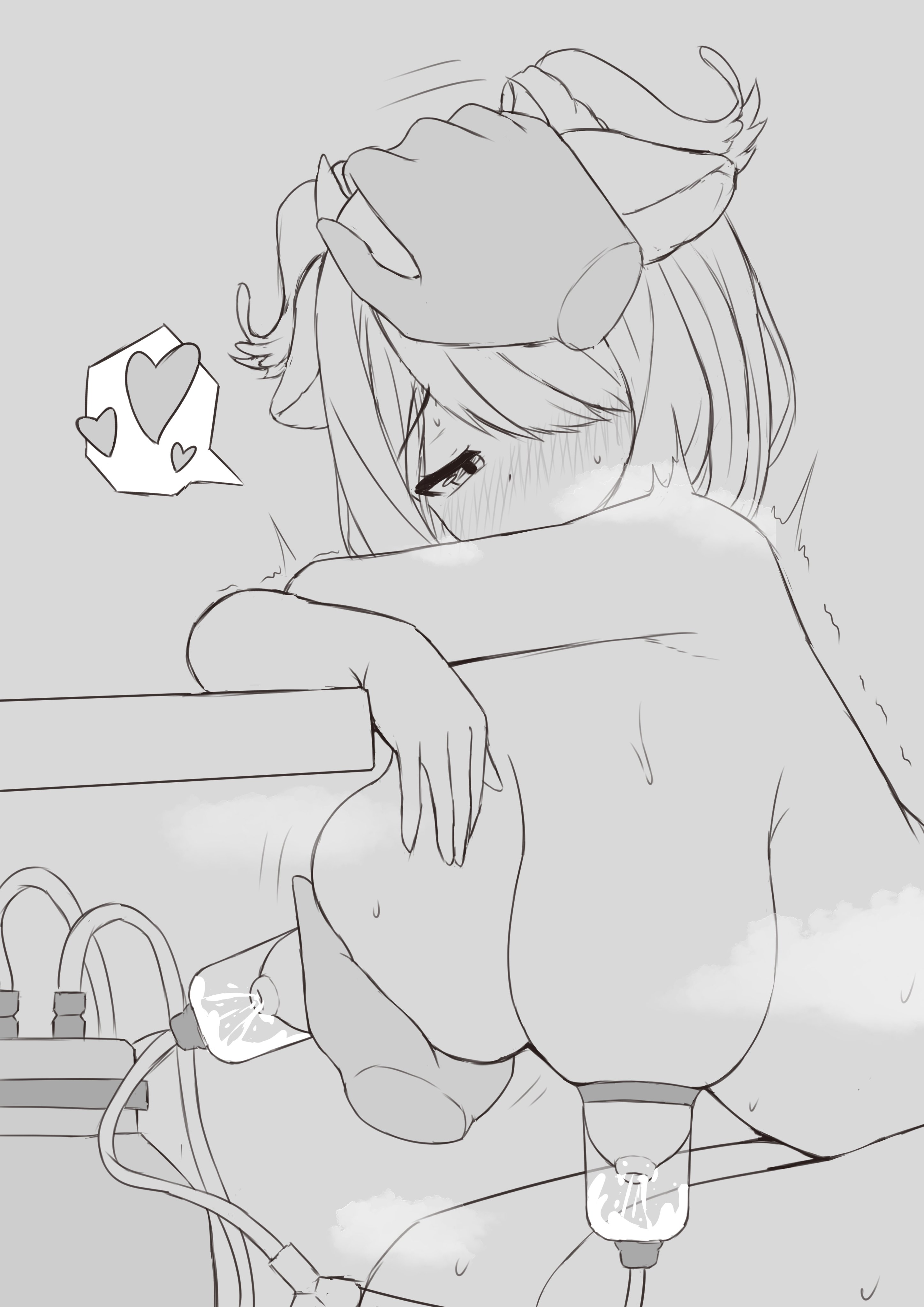 1girls, big breasts, blush, breasts, completely nude, cow ears, cow horns, disembodied hands, elira pendora, female, female only, hair covering eye, hair over one eye, hair wings, hand on breast, hand on head, head pat, head wings, headpat, heart, lactating, lactation, large breasts, milk, milking machine, monochrome, nijisanji, nijisanji en, nipples, no color, nude, nude female, one eye covered, one eye obstructed, short hair, sleepypudding, soft breasts, squeezing, squeezing breast, sweat, sweating, virtual youtuber