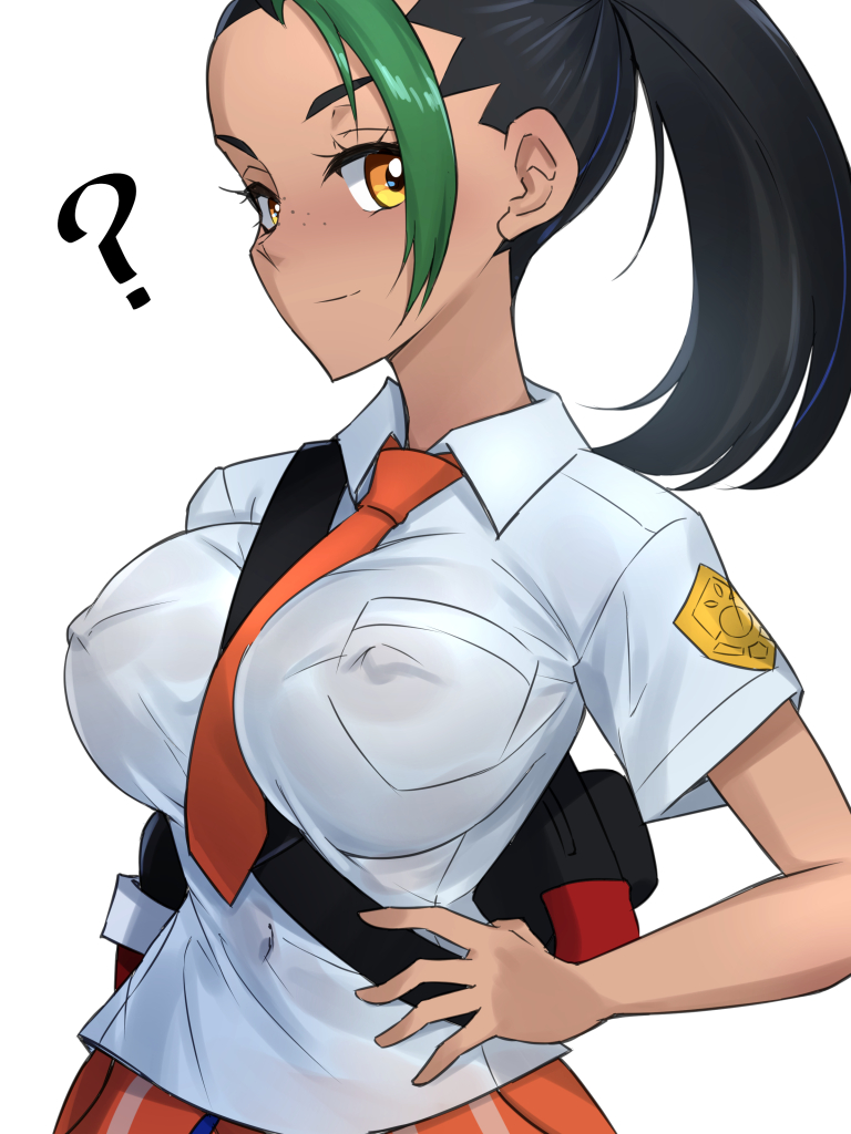 ?, 1girls, areolae, big breasts, black hair, breast focus, breasts, erect nipples, female, female only, freckles, freckles on face, game freak, hair, hand on hip, large breasts, necktie, neckwear, nemona (pokemon), nipple bulge, nipples, nipples visible through clothing, no bra, orange eyes, pokemon, pokemon sv, ponytail, question mark, shirt, shiva (tairakuten), solo, solo female, tie, white shirt