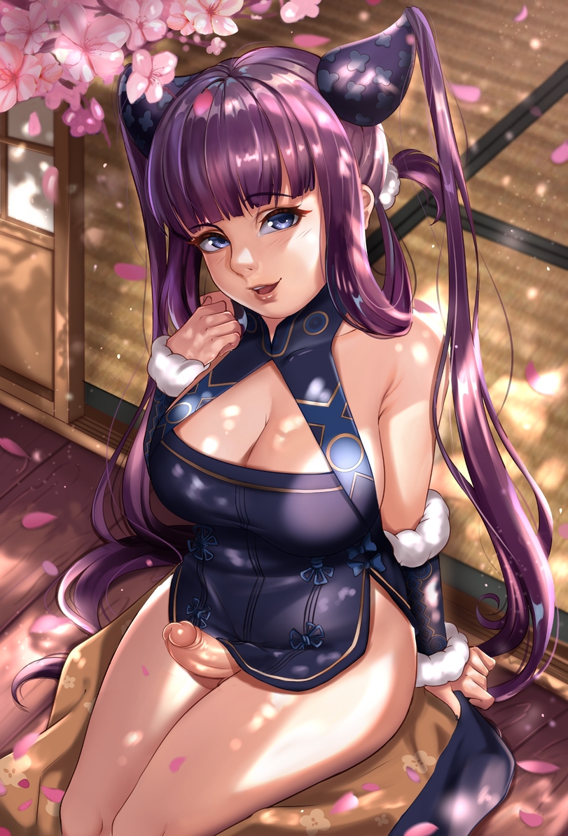 1futa balls bangs big_breasts big_penis bottomless breasts clothed clothing curvy curvy_figure curvy_futa curvy_hips detailed_background erection exlic fate/grand_order fate_(series) futa_only futanari high-angle_view human light-skinned_futanari light_skin long_hair looking_at_viewer partially_clothed penis purple_eyes purple_hair sakura_tree solo solo_futa tree twintails yang_guifei_(fate/grand_order)