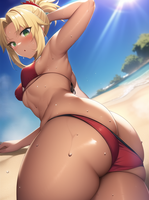 1girls ai_generated armpits ass ass_cleavage beach bikini blonde_hair blush breasts butt_crack embarrassed fate/apocrypha fate/grand_order fate_(series) female green_eyes large_ass medium_hair mordred_(fate) mordred_(swimsuit_rider) nai_diffusion navel outdoor outdoors ponytail red_bikini small_breasts stable_diffusion tan tan-skinned_female tanned_skin