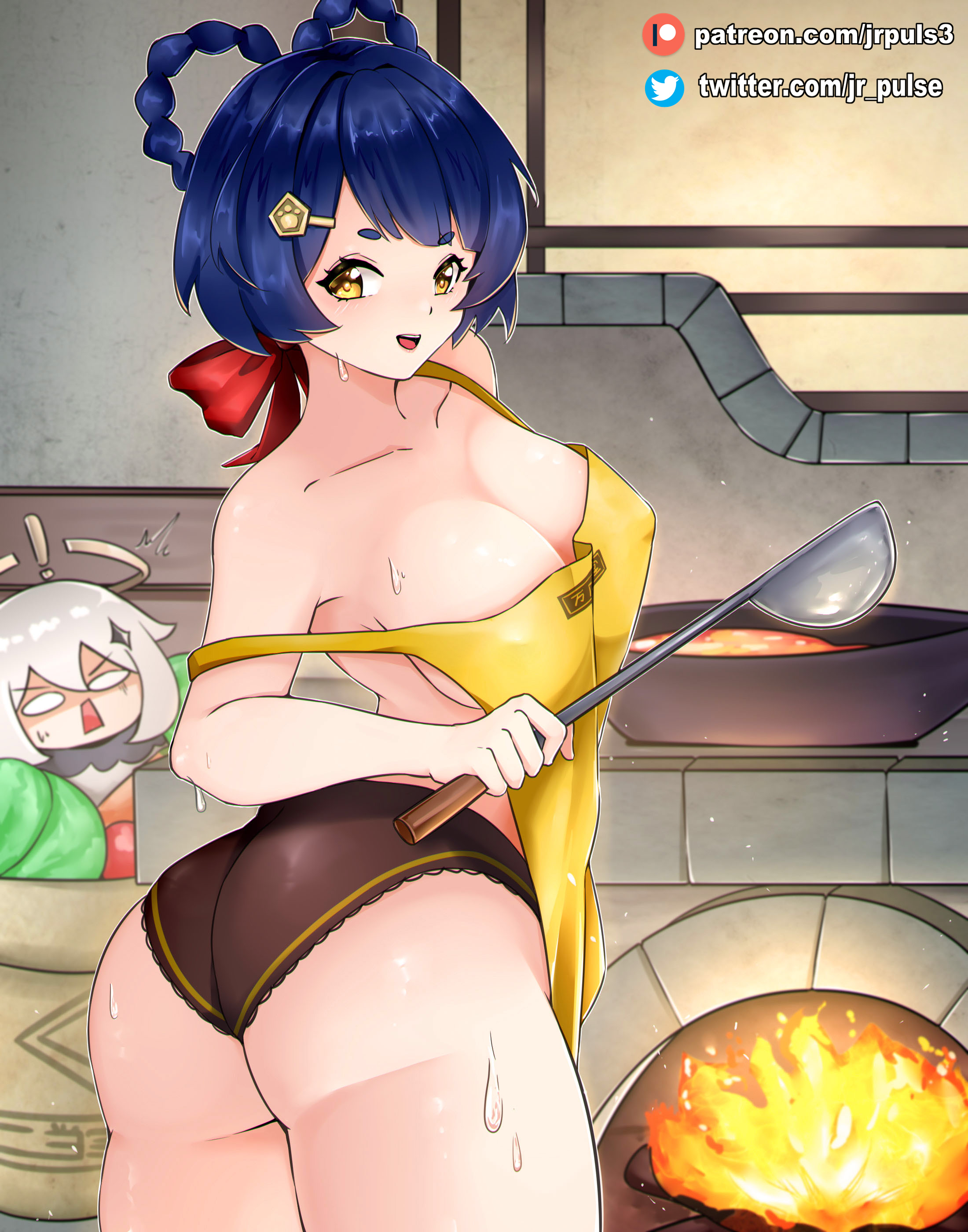 2girls, apron, ass, big ass, big breasts, big butt, blue hair, bodily fluids, breasts, busty, cleavage, cooking, female, female only, genshin impact, jrpuls3, looking at viewer, multiple females, multiple girls, no panties, paimon (genshin impact), sweat, sweatdrop, thick thighs, thighs, voluptuous female, xiangling (genshin impact), yellow eyes
