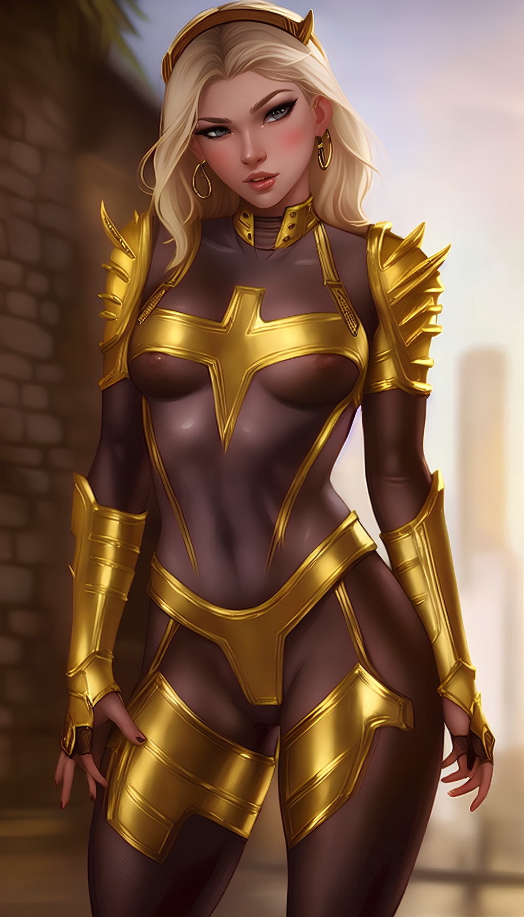 ai generated, armor, blonde hair, choker, curvy, female, gwen stacy, hourglass figure, knight, marvel, marvel comics, spider-man (series), stable diffusion