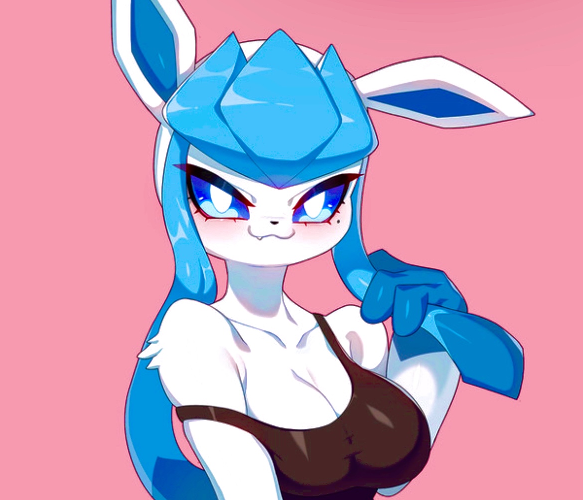 bare shoulders, beauty mark, blue eyes, blue hair, blush, breasts, cleavage, drunkoak, eeveelution, female, female focus, female only, glaceon, large breasts, nintendo, pink background, pokémon (species), pokemon, pokemon (species), tank top, toned, toned female