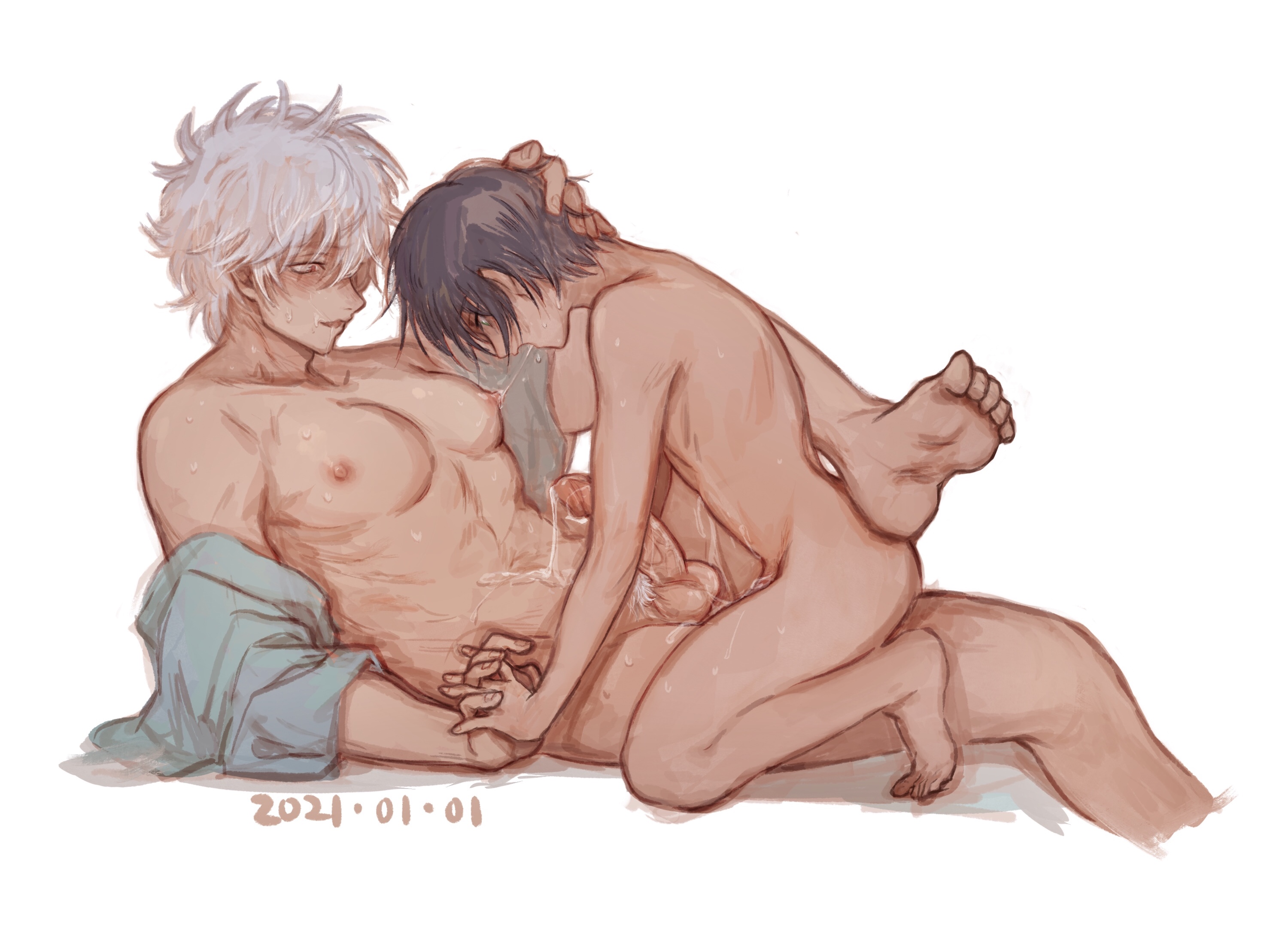 2boys, age difference, aged down, barefoot, blush, cum, dark hair, deng 810, erection, feet, gay, gintama, gintoki sakata, hand holding, hand on another's head, hi res, holding hands, interlocked fingers, kneeling, leg lift, leg up, looking at another, male, male only, nude, nude male, off shoulder, on back, open shirt, partially clothed, pecs, penis, precum, purple hair, reclining, saliva trail, silver hair, smile, sweat, takasugi shinsuke, toned, toned male, twink, uncensored, very high resolution, white hair, yaoi