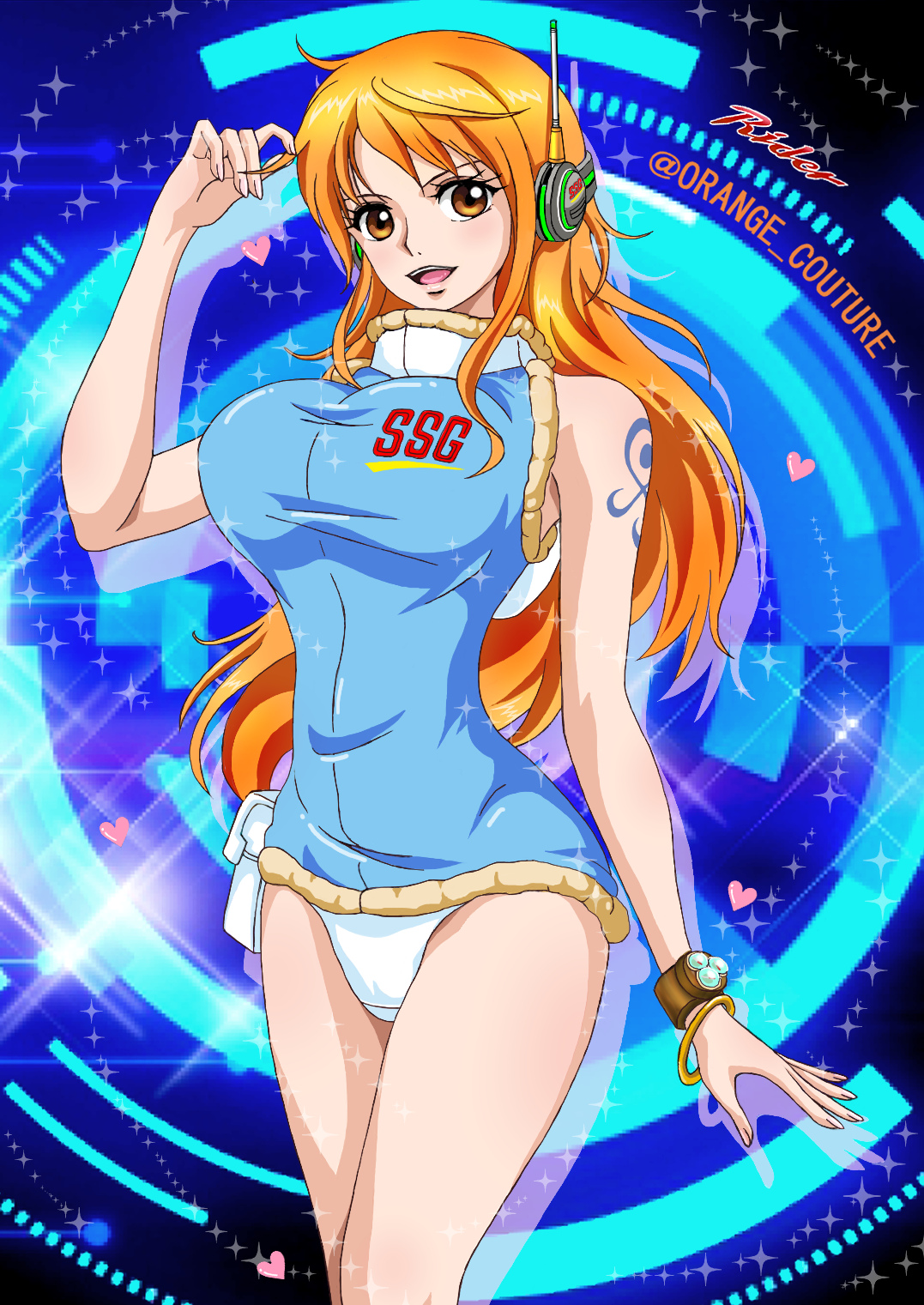 1girls, arm tattoo, big breasts, blue tattoo, breasts, brown eyes, busty, curvy, egghead, female, female only, futuristic, log pose, long hair, nami (one piece), no pants, one piece, one piece: egghead arc, orange hair, orange-haired female, panties, post-timeskip, raida (j5einmnjp3r49k6), sleeveless, solo, tattoo, wide hips