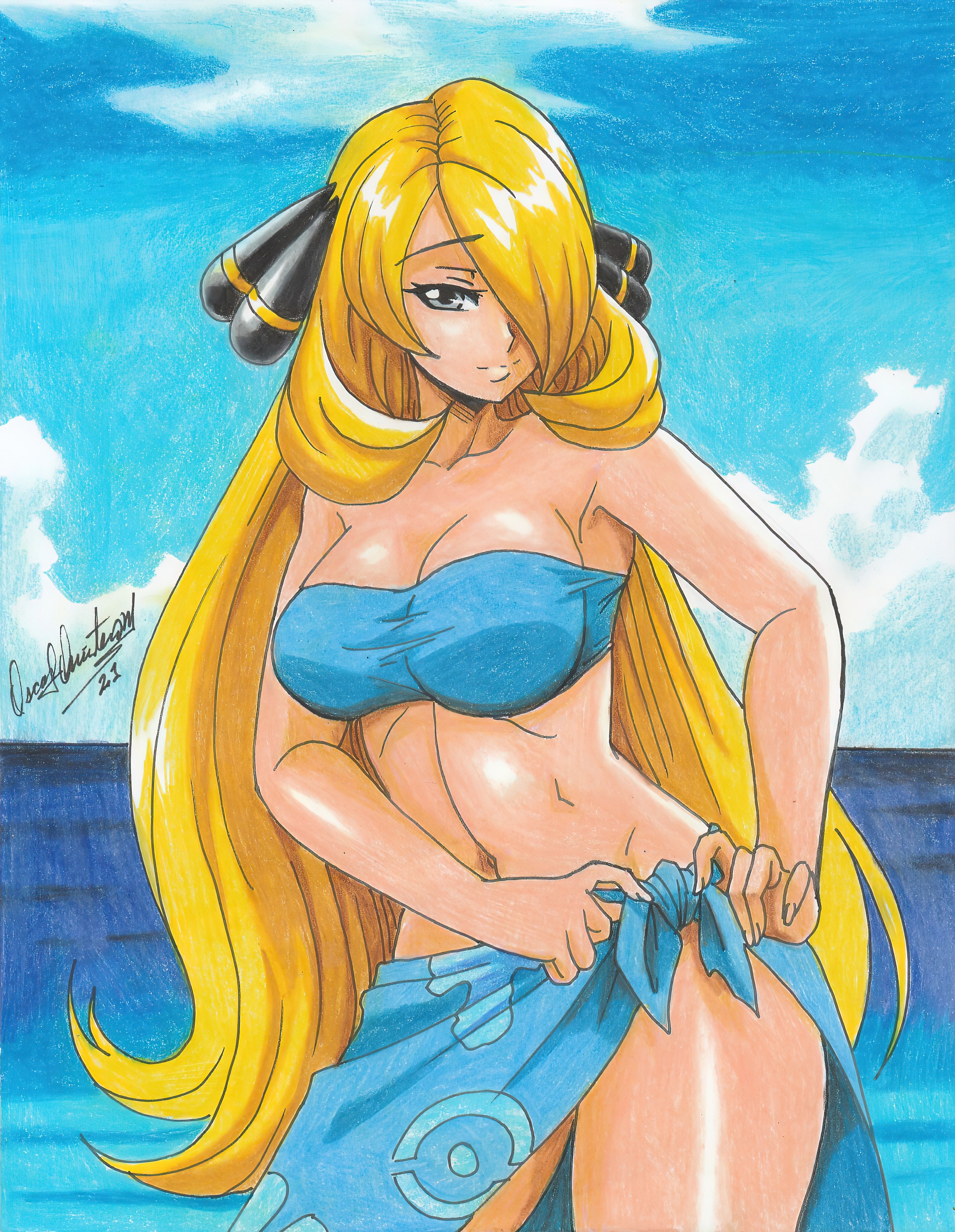 1girls, beach, big breasts, bikini, blonde hair, blue bikini, breasts, busty, cleavage, cynthia (pokemon), female, game freak, grey eyes, hair over one eye, large breasts, legs, long hair, looking at viewer, navel, nintendo, ocean, pokemon, pokemon dppt, ravern clouk, sarong, smile, swimsuit, thighs, toned, traditional media (artwork), voluptuous, water