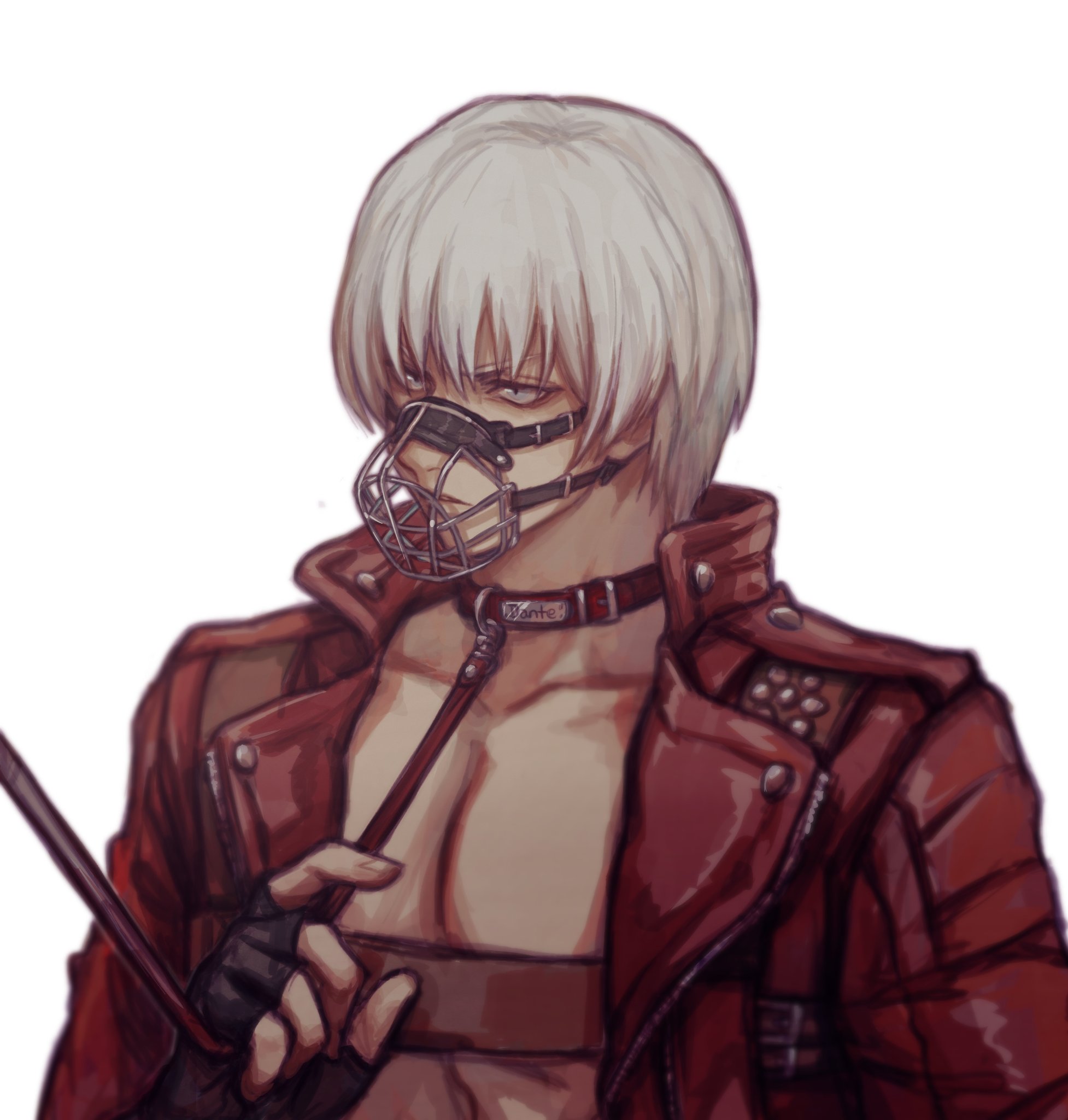 1boy, black gloves, collar, dante (devil may cry), deng 810, devil may cry, devil may cry (series), fingerless gloves, gloves, harness, leash, leather jacket, male, male only, malesub, muzzle (object), open jacket, petplay, solo, upper body, white hair
