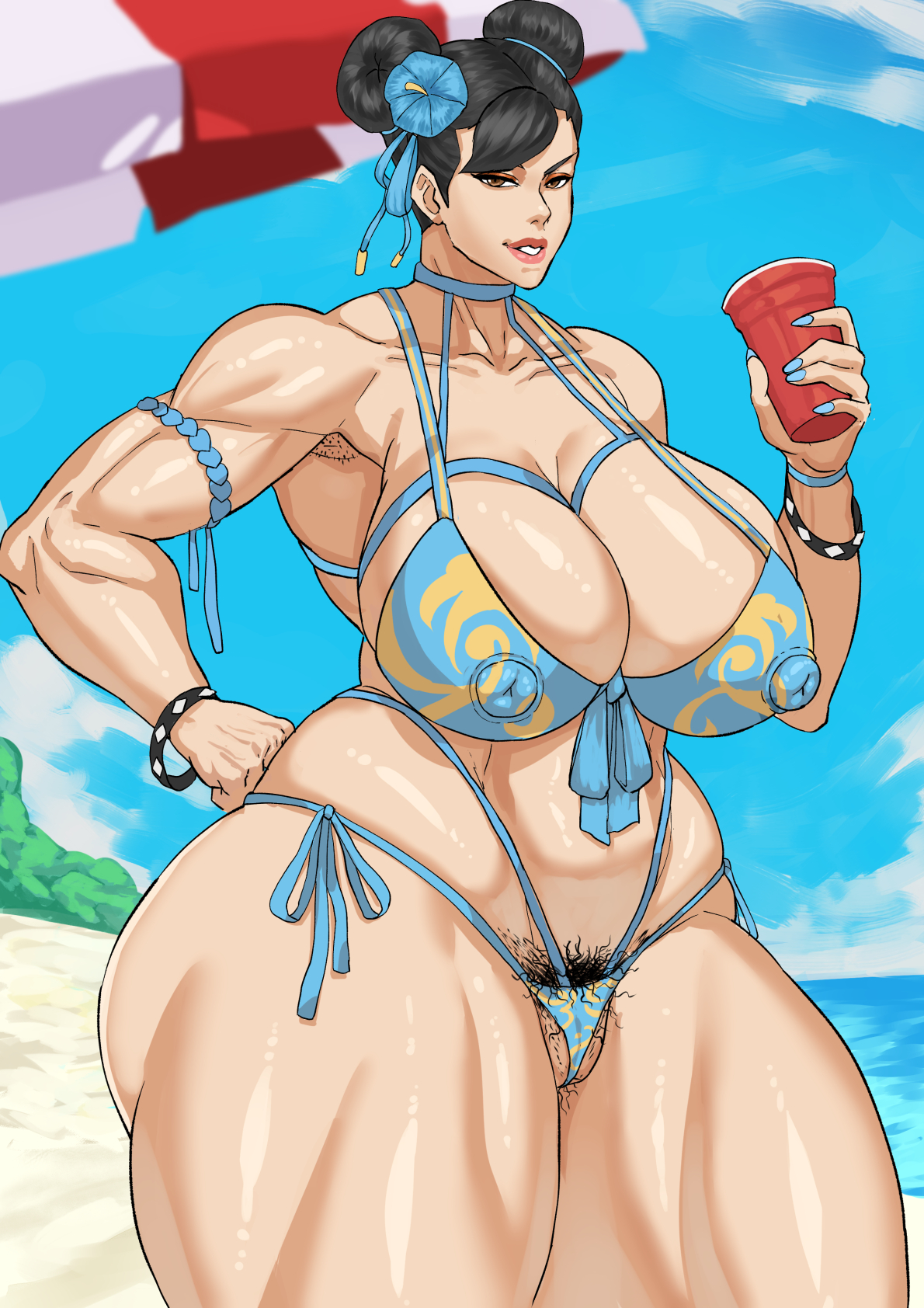 1girls, asian female, beach, big breasts, bikini, breasts, chun-li, cyberboi, female, female only, hair bun, human, muscular, muscular female, nipple bulge, pubic hair, solo, street fighter, thick thighs, venus body
