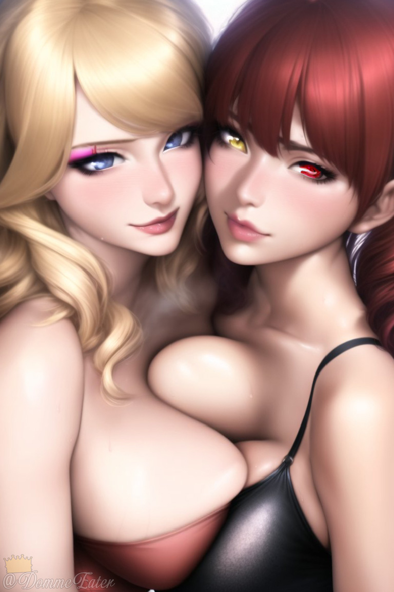 2girls ai_generated artist_self-insert big_breasts blonde_hair blue_eyes breast_press breasts busty cleavage clothed clothed_female clothes clothing curvaceous curvy curvy_body curvy_female curvy_figure eyeliner eyeshadow female female_focus female_only grin heterochromia huge_breasts large_breasts light-skinned_female light_skin long_hair looking_at_viewer losetoluna makeup nai_diffusion queen_dee queen_dee_(character) red_hair smile smiling smiling_at_viewer smirk smirking smug solo solo_female solo_focus stable_diffusion sweat sweaty thick voluptuous