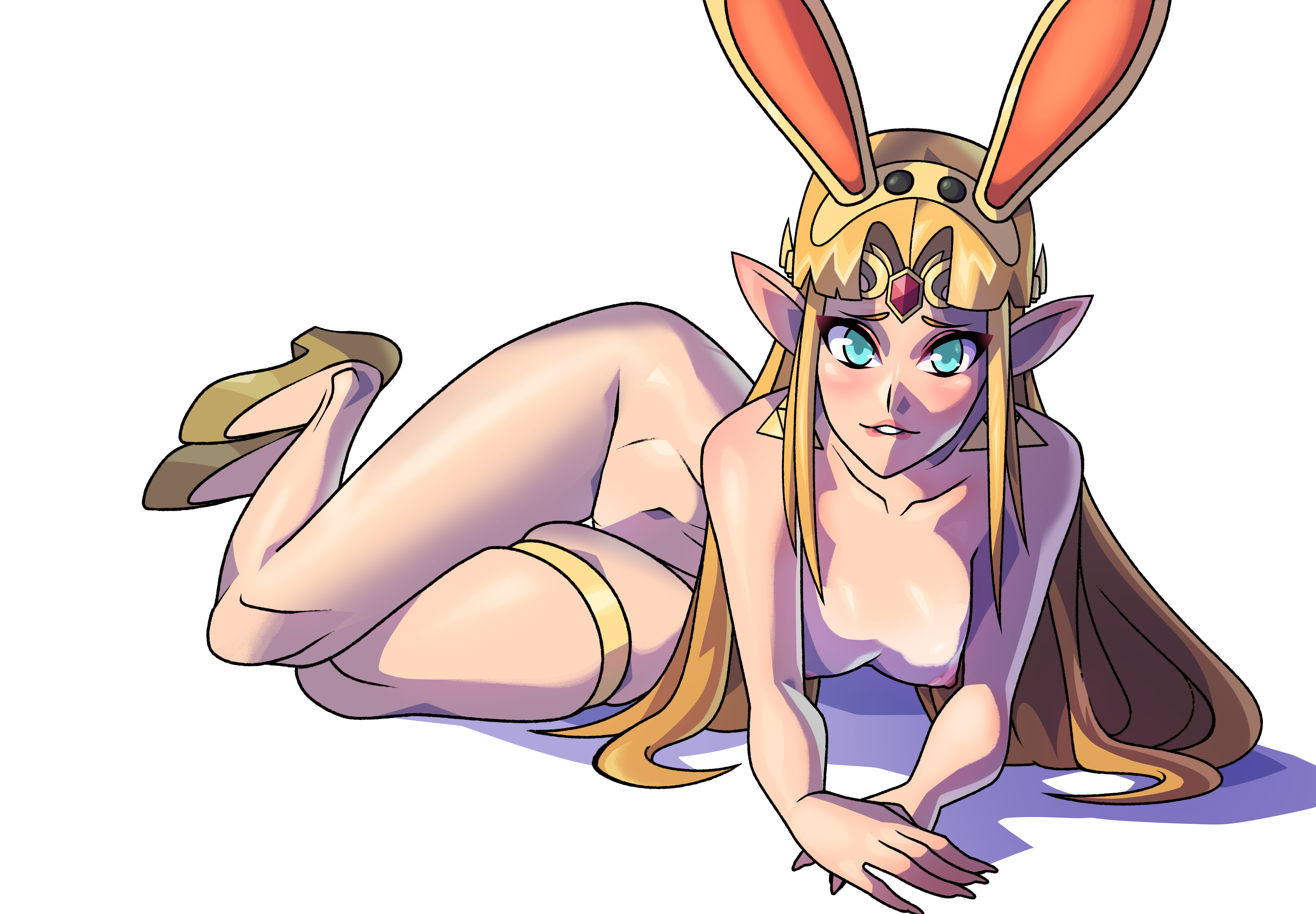 1girls, 2021, big breasts, big thighs, black leggings, black legwear, blonde hair, blue eyes, breasts, bunny ears, bunny girl, bunnysuit, earrings, female, female only, heels, leggings, legwear, light skin, light-skinned female, long hair, minicop2001, mouth, nintendo, nude, nude female, open mouth, princess zelda, shiny ass, shiny breasts, shiny butt, shiny hair, shiny skin, solo female, teeth, teeth showing, teeth visible, the legend of zelda, thighs, triforce earrings, white background, yellow hair, zelda (a link between worlds)