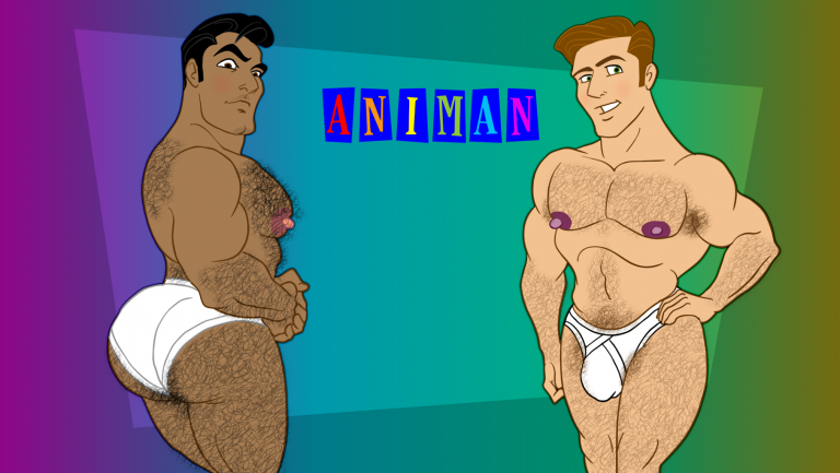 2boys animan animanstudios ass back_hair bara beefy black_hair body_hair brown_eyes brown_hair gay green_eyes hairy_male human male male_nipples male_only muscles muscular_male pecs penis_bulge tighty_whities toony underwear_only