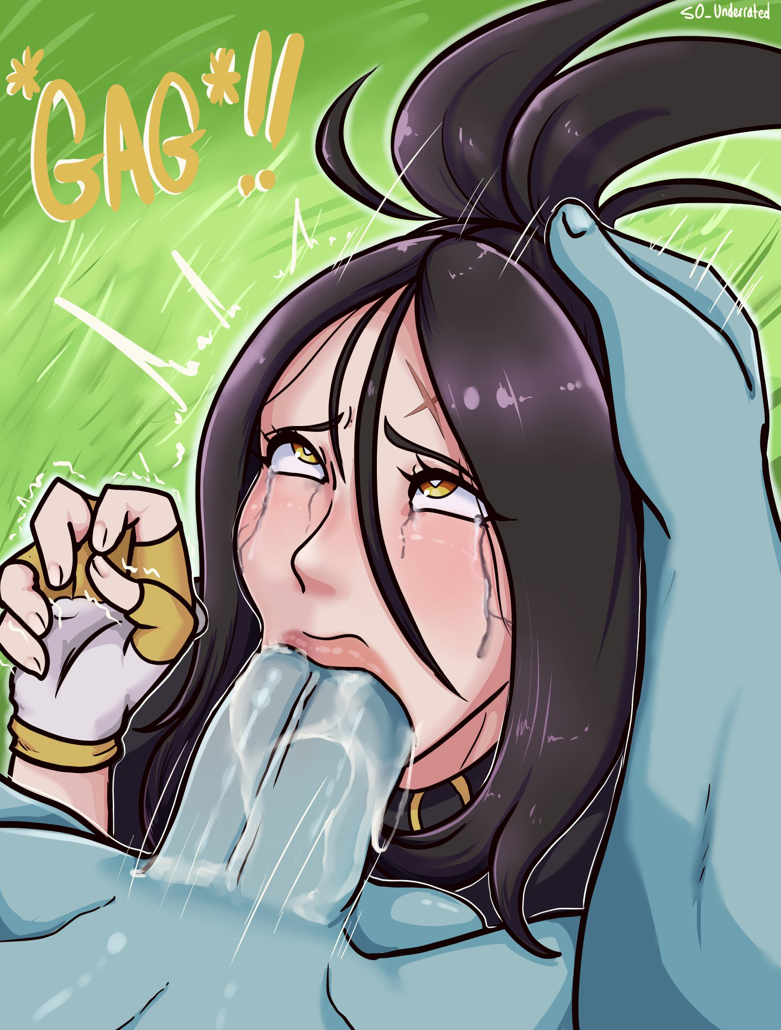 1boy, 1girls, black hair, crying, cum, cum in mouth, dark skin, dark-skinned male, dendra (pokemon), english text, female, female human/male pokemon, female orgasm, game freak, human, human female, light skin, light-skinned female, lips, machamp, male, male pokemon/female human, male/female, nintendo, onomatopoeia, oral, oral sex, orgasm, penis, plunger position, pokemon, pokemon (species), pokemon sv, pokephilia, pov, rolling eyes, ruined makeup, s0 underrated, sex, sucking, sucking penis, tears, text