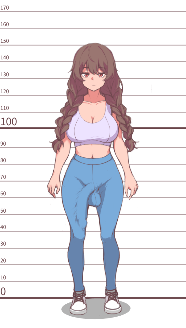 1futa 2022 balls balls_under_clothes big_breasts big_penis breasts brown_hair bulge bulge_through_clothing cleavage clothed clothing erection erection_under_clothes fully_clothed futa_only futanari height_chart human large_breasts large_penis light-skinned_futanari light_skin looking_at_viewer midriff minishell more_at_source original original_characters penis solo sports_bra sportswear standing twin_braids yoga_pants