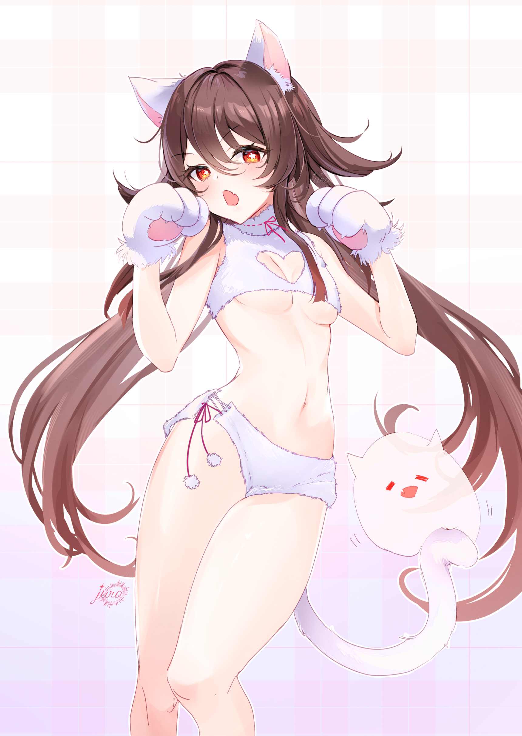 1girls, boo tao (genshin impact), breasts, brown hair, cat ears, cat girl, cat lingerie, cat tail, catgirl, female, fur, genshin impact, ghost, heart cutout, hi res, hu tao (genshin impact), midriff, navel, red eyes, small breasts, underboob