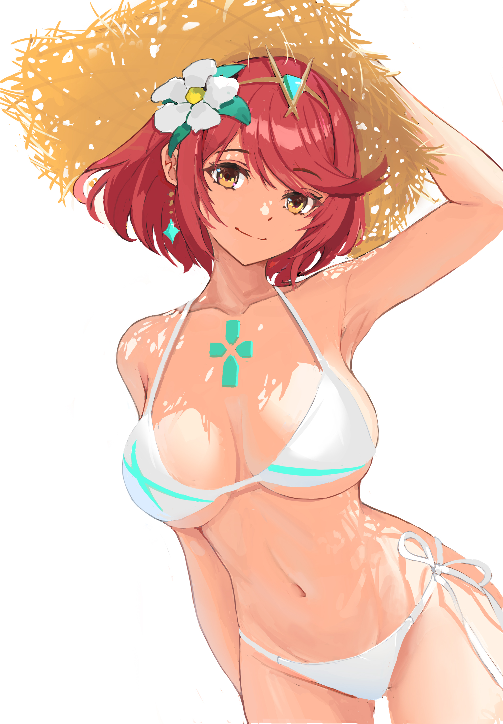 1girls, alternate costume, bikini, breasts, core crystal, female, female only, looking at viewer, nintendo, pyra, solo, tagme, white bikini, xenoblade (series), xenoblade chronicles 2