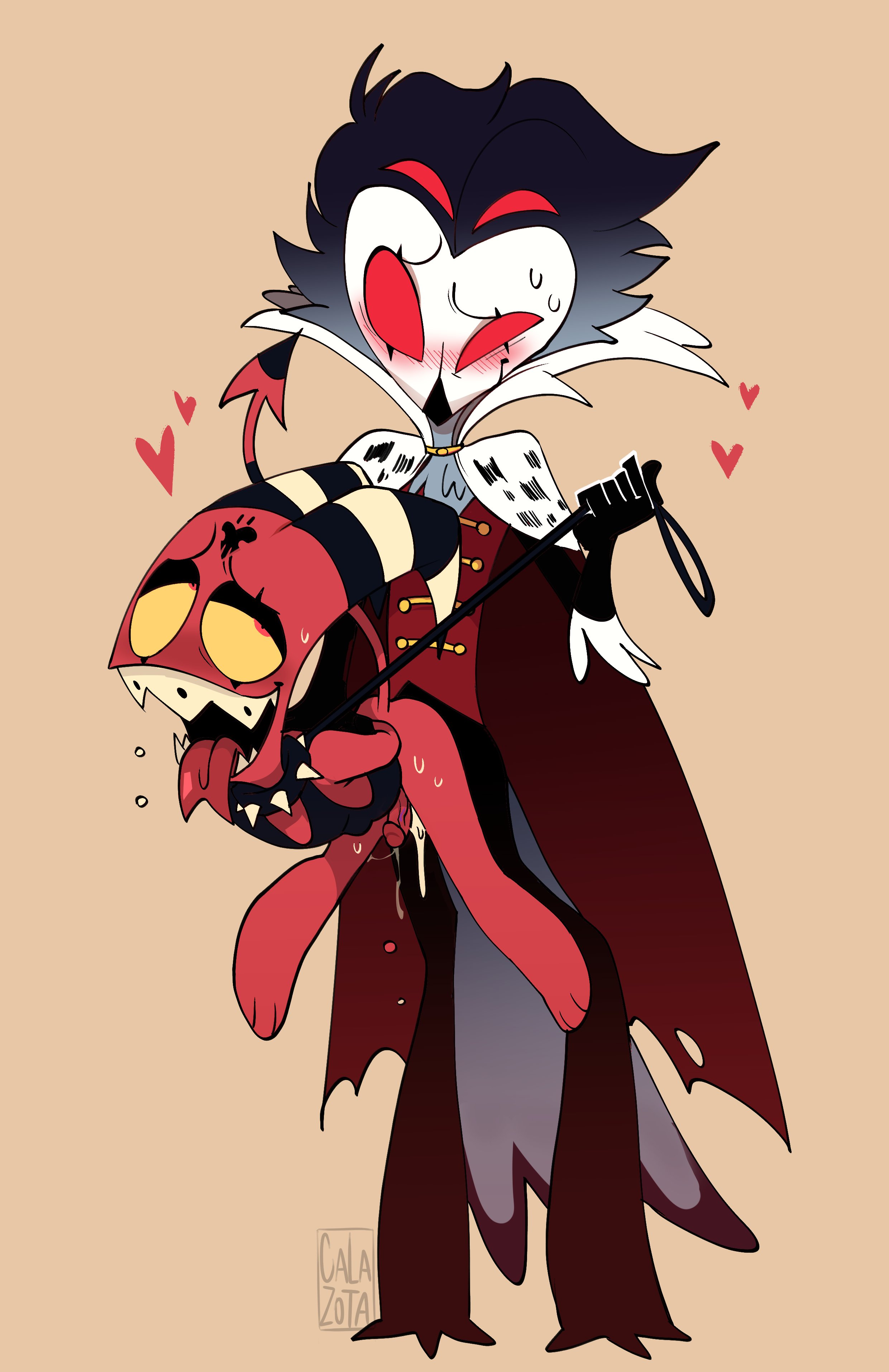 2022, avian, bird, blitzo (helluva boss), calaziike, calazotauvu, collar, cum, cumdrip, cumming, demon, demon horns, devil, gay, gay male, hearts, height difference, helluva boss, imp, male, male only, male/male, owl, owl demon, penis, red body, red penis, red skin, stolas (helluva boss), straight hair, tagme, vivienne medrano, yaoi, young