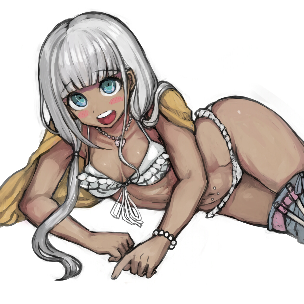 bikini bikini_bottom bikini_top breasts danganronpa danganronpa_v3 dark-skinned_female dark_skin female_only puru skirt_down straight_hair thighs yonaga_angie