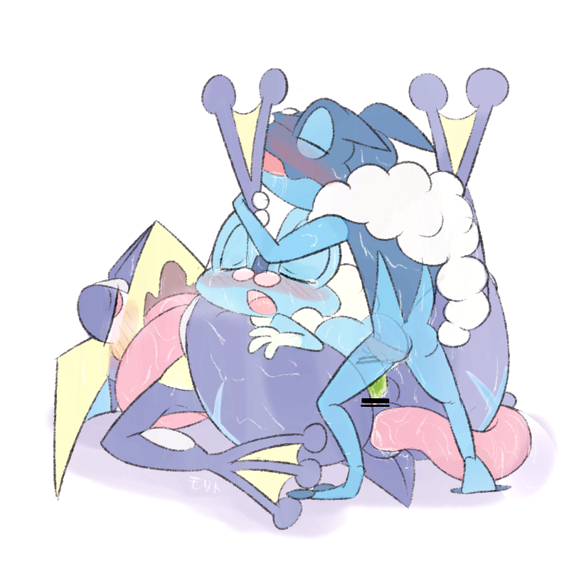 anal anal_masturbation anal_sex anthro anus autorimming biped blue_body blush bodily_fluids censor_bar closed_eyes duo erection evolutionary_family female female/female froakie frogadier generation_6_pokemon genitals greninja group holding_leg legs_up male male/female masturbation morito_(artist) narrowed_eyes nintendo open_mouth oral oral_masturbation penetration penis pokemon pokemon_(species) saliva sex sex_toy sweat tail trio video_games