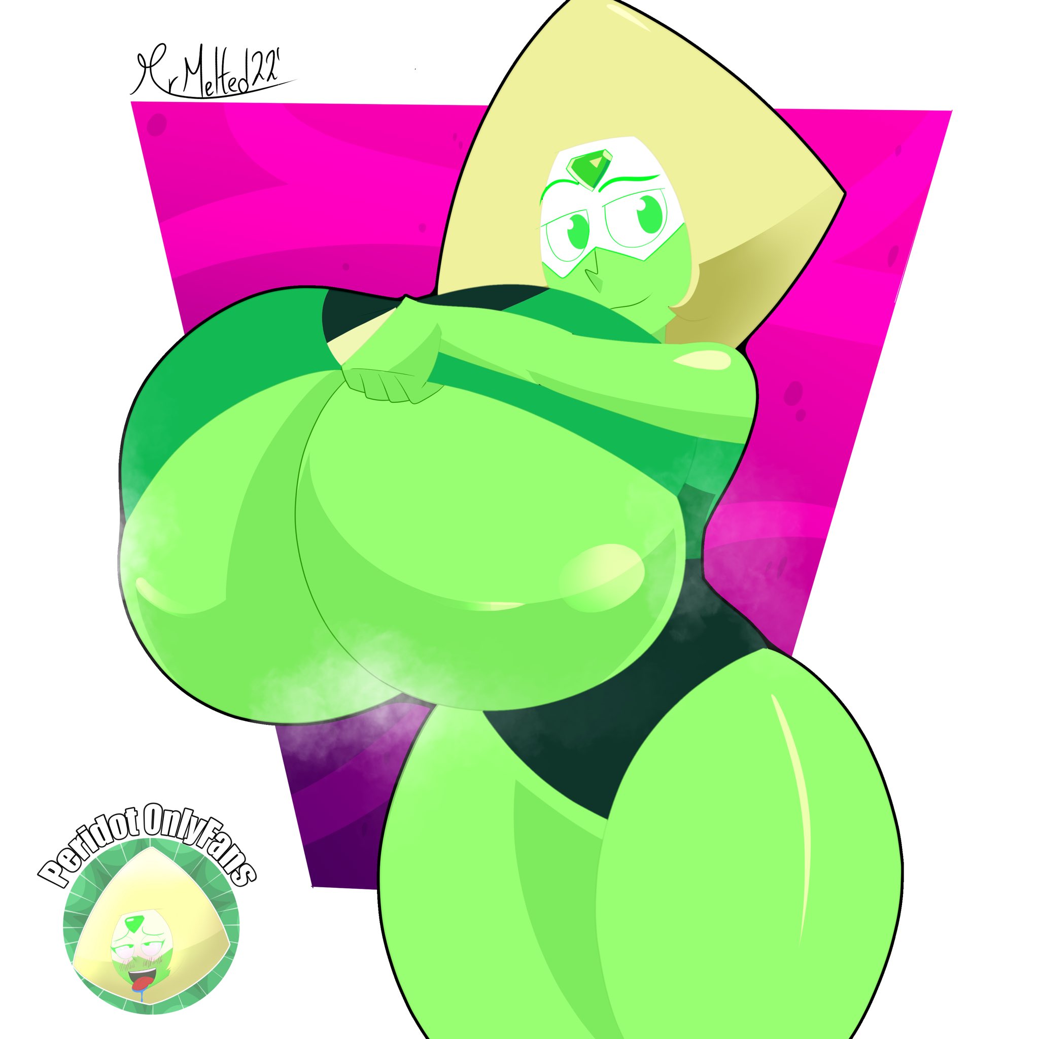 big breasts, breasts, female, gem (species), mrmelted, peridot (steven universe), smiling, smooth skin, steam, steven universe, sweat, sweaty breasts, tagme, thick thighs