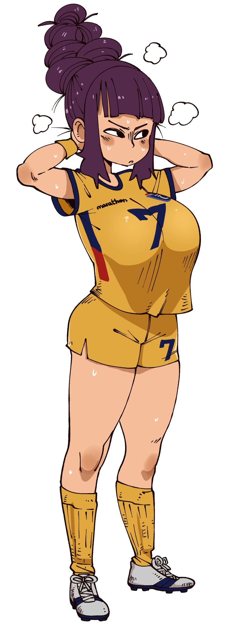 1girls, 2022 fifa world cup, big breasts, breasts, command grab, female, female only, nuclearwasabi, purple hair, soccer uniform, sweat, sweatdrop, tagme, thighs, white background, world cup