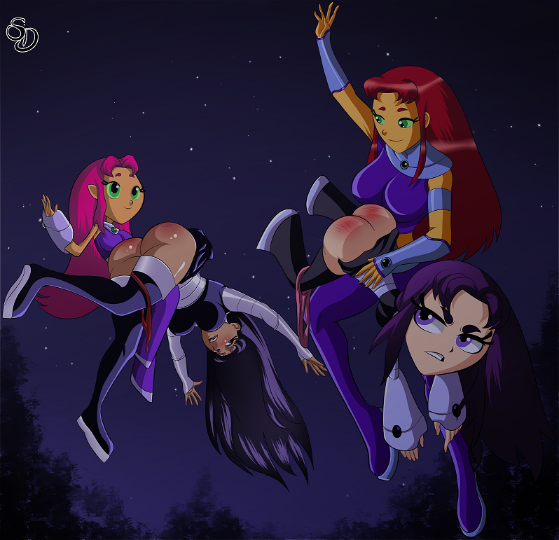 2d 4girls blackfire dc female female_only green_eyes komand'r multiple_girls night over_the_knee_spanking purple_eyes purple_hair red_ass red_hair sexydarkbr sisters spanking starfire teen_titans teen_titans_go teen_titans_go!_vs_teen_titans