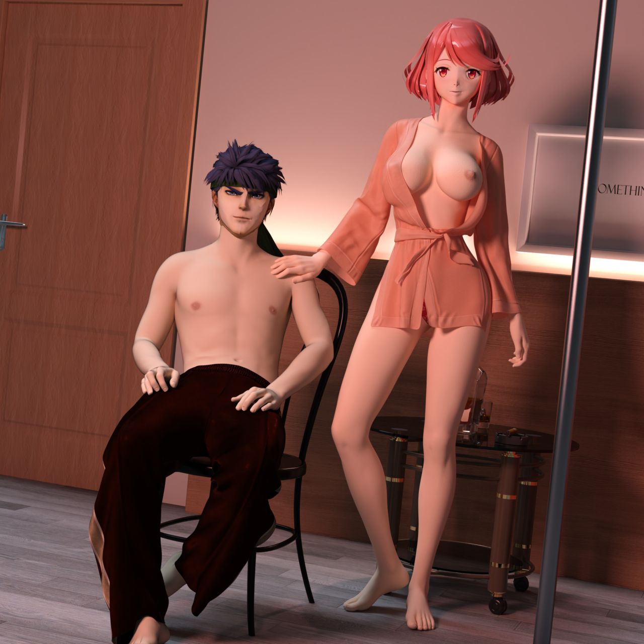 1boy 1girls 3d bathrobe bathrobe_only black_hair black_pants breasts darkfaust eyebrows eyes feet female fire_emblem fire_emblem:_path_of_radiance fire_emblem:_radiant_dawn hair ike_(fire_emblem) legs male male/female nose pants pink_bathrobe pink_eyes pink_hair pyra_(xenoblade) short_hair straight stripper stripper_pole xenoblade_(series) xenoblade_chronicles_2