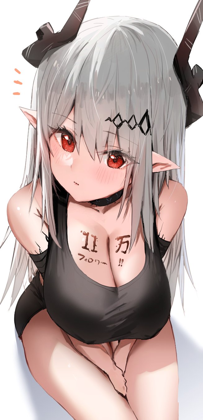 1girls alternate_costume arknights bare_shoulders between_legs big_breasts blush blush_lines blushing_at_viewer body_writing breasts busty chocolate chocolate_on_body chocolate_on_breasts cleavage closed_mouth collar collarbone cute demon_girl demon_horns dress female female_focus female_only food_on_body from_above grey_hair hair_between_eyes hair_ornament hands_between_legs horn/wood horns huge_breasts infection_monitor_(arknights) large_breasts light-skinned_female light_skin looking_at_viewer looking_up massive_breasts mudrock_(arknights) oripathy_lesion_(arknights) pointy_ears raw_egg_lent red_eyes shiny shiny_hair shiny_skin simple_background solo solo_female solo_focus very_long_hair voluptuous white_background