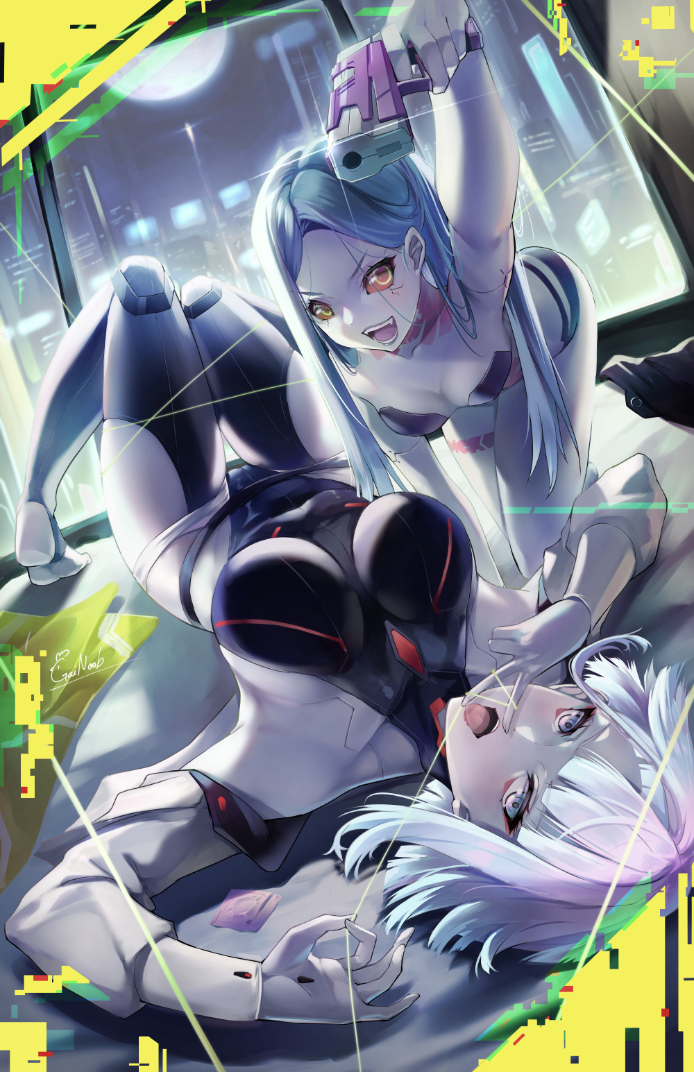 2girls ahe_gao big_breasts breasts cd_projekt_red cybernetics cyberpunk:_edgerunners cyberpunk_2077 female female_only firearm gainoob gun handgun human light-skinned_female lucyna_kushinada monowire netflix pale_skin rebecca_(edgerunners) small_breasts studio_trigger tight_clothing underboob weapon