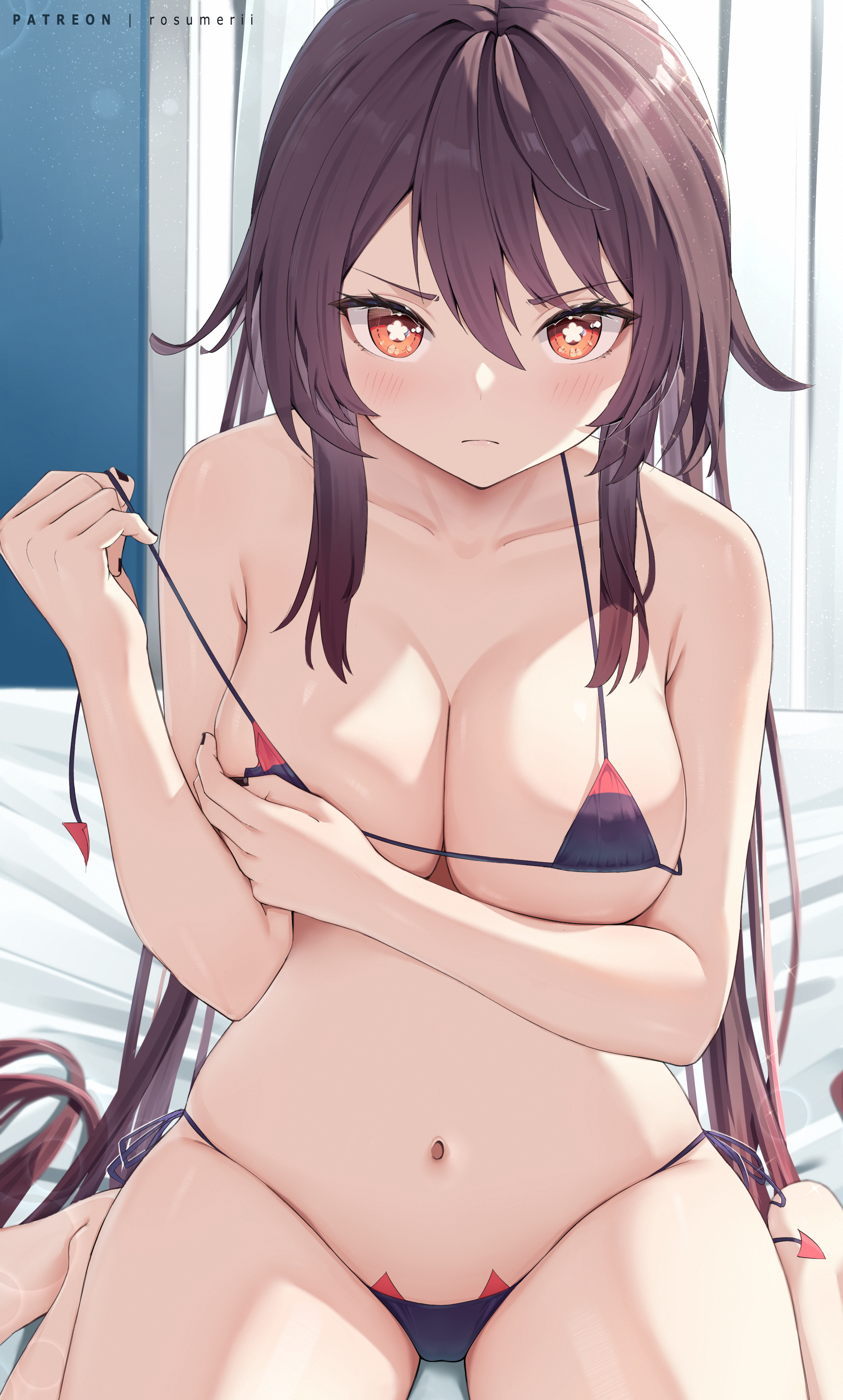 1girls, alternate breast size, bikini, blush, breasts, brown eyes, brown hair, embarrassed, female, genshin impact, hi res, hu tao (genshin impact), large breasts, light skin, light-skinned female, long hair, micro bikini, rosumerii, symbol-shaped pupils, wardrobe malfunction