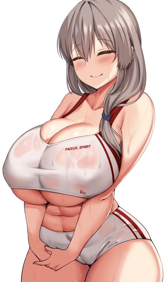 1girls, belly button, booty shorts, breasts, closed eyes, female, grey hair, gym clothes, hips, huge breasts, light skin, light-skinned female, long hair, massive breasts, mature female, midriff, milf, mother, short shorts, shorts, side ponytail, slightly chubby, smile, sports bra, sportswear, sweat, sweaty body, thick thighs, thighs, uzaki tsuki, uzaki-chan wa asobitai!, wide hips, yua respati