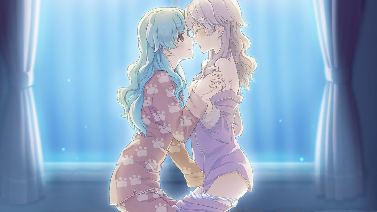 2girls blue_hair blurry blurry_background breasts brown_pants brown_shirt closed_eyes closed_mouth clothes_pull cosmic_(crownclowncosmic) couple curly_hair fingering game_cg grey_hair holding_hands incest indoors interlocked_fingers long_hair long_sleeves looking_at_another medium_breasts multiple_girls nipples open_mouth panties pants pants_pull panty_pull paw_print print_pants print_shirt profile purple_pants purple_shirt sakura_ichika shirt siblings sisters straight_hair tsui_yuri_okaa_san_ni_wa_naisho_da_yo underwear white_panties yellow_eyes yuri