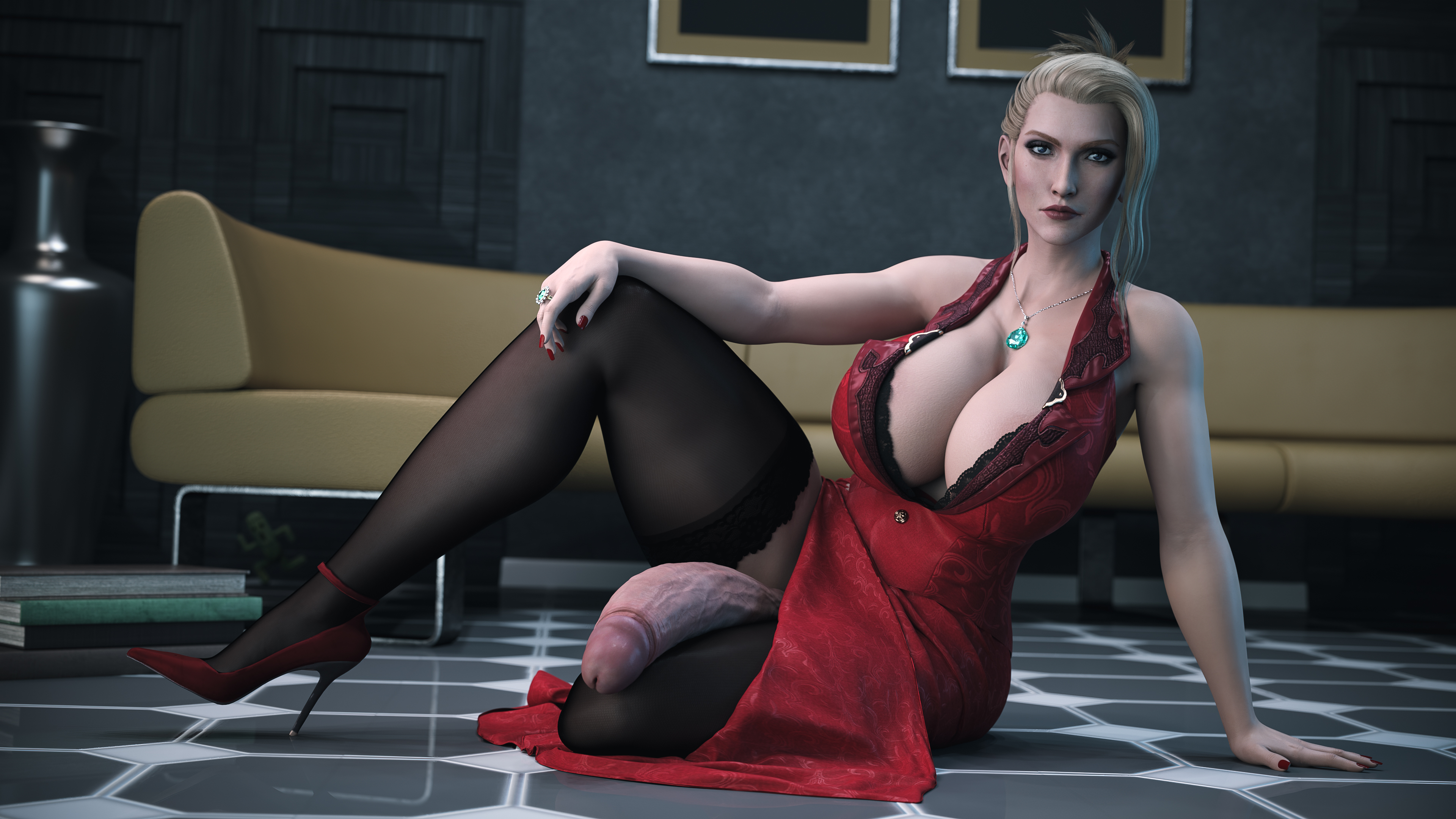1futa, 3d, breasts, cactuar, final fantasy, final fantasy vii, final fantasy vii remake, futa only, futanari, huge breasts, huge cock, intersex, looking at viewer, penis, scarlet (ffvii), solo, stevencarson