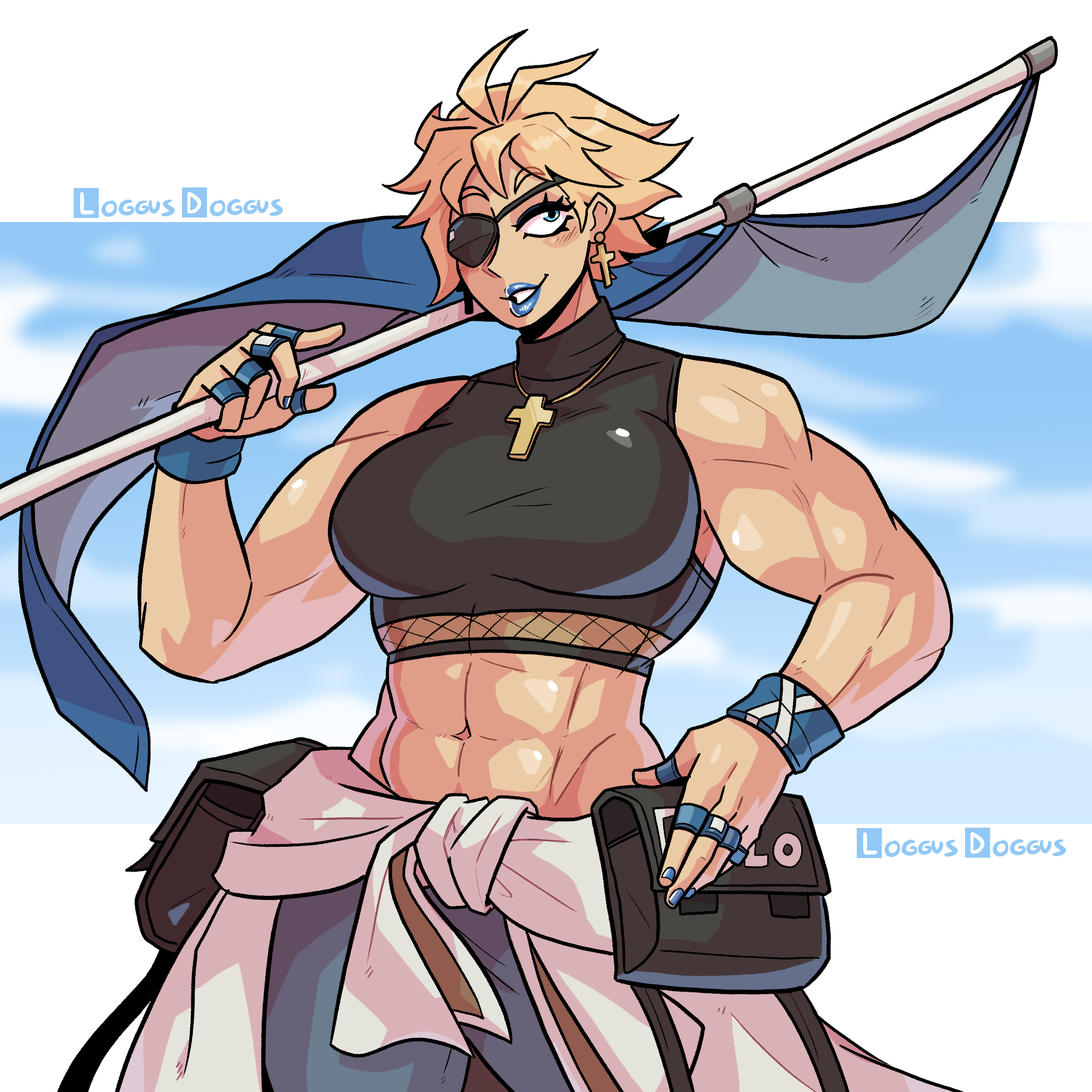 abs, blonde hair, blue eyes, blue lipstick, crop top, cross, eyepatch, female, flag, genderswap, genderswap (mtf), guilty gear, guilty gear strive, loggus doggus, muscular, muscular female, nail polish, rule 63, shiny skin, short hair, sin kiske