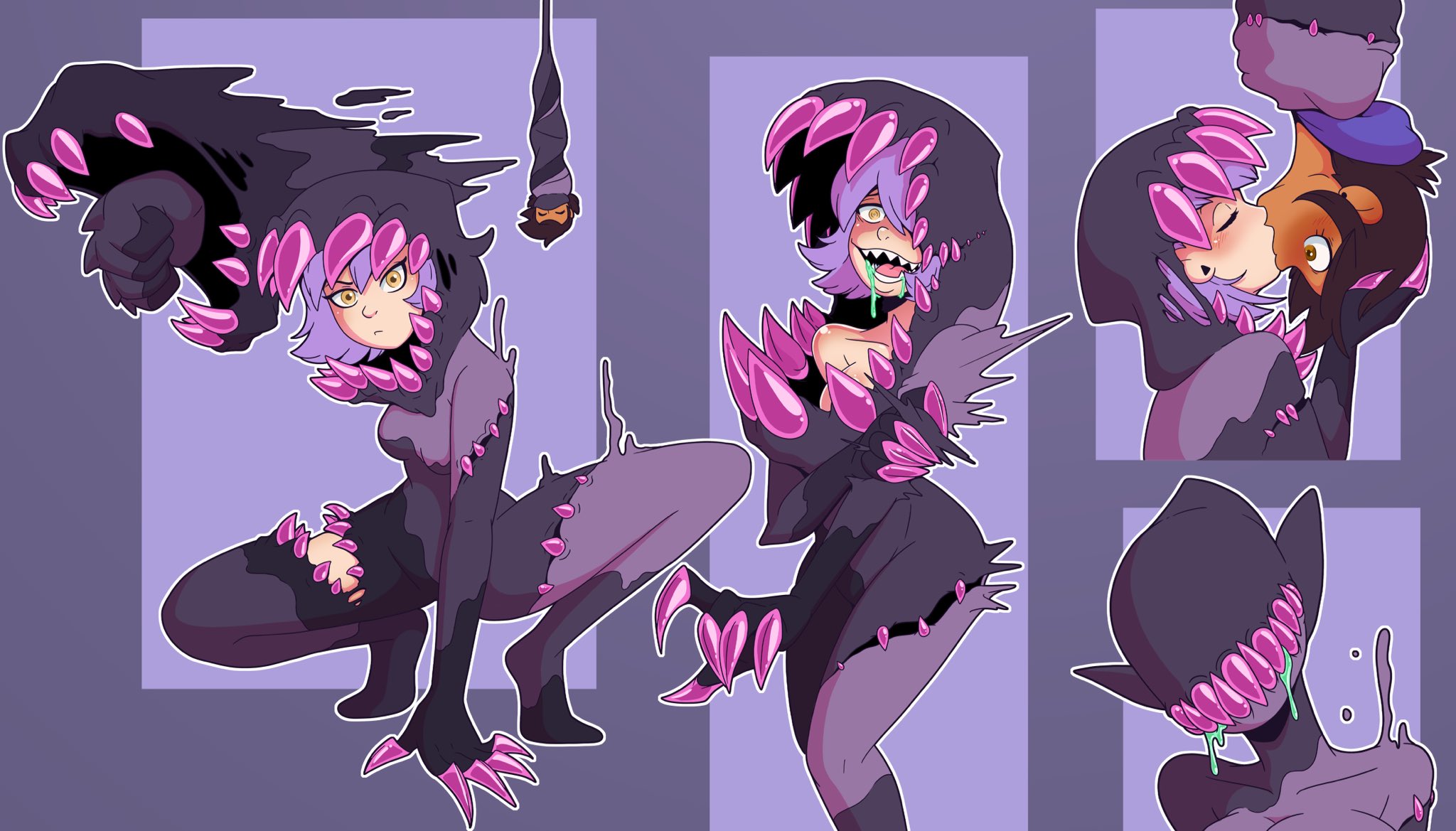 2girls, amity blight, beast, canon couple, corruption, disney, disney channel, disney xd, female, female focus, female only, kissing, luz noceda, purple hair, sharp teeth, skin tight, straight hair, symbiote, the owl house, upside-down, wrenzephyr2, yellow eyes, yuri