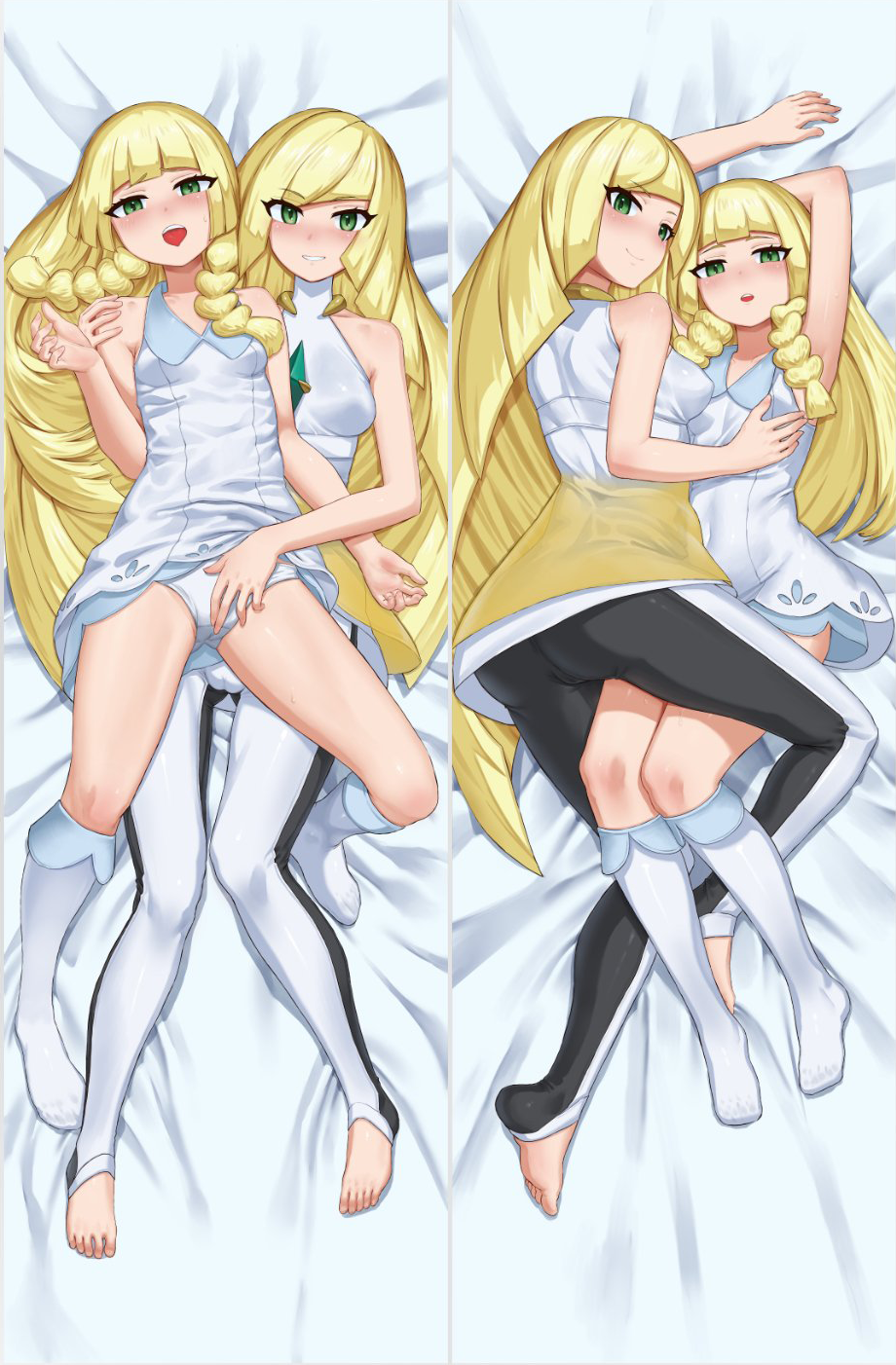 2girls alternate_version_available arms_behind_back ass big_ass black_pants blonde_hair bottomwear breasts carbon12th clothing dakimakura dakimakura_design daughter feet female female_only footwear full_body game_freak green_eyes hair legs lillie_(pokemon) long_hair looking_at_viewer lusamine_(pokemon) mature mature_female mature_woman medium_breasts milf mother mother_and_daughter no_shoes panties pants pokemon pokemon_sm short_dress small_breasts socks thighs topwear white_legwear white_panties white_socks