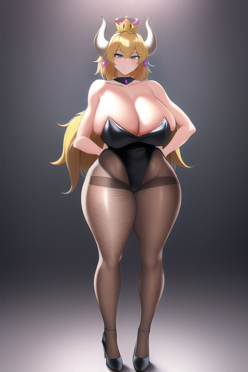 1girls, ai generated, bare arms, bare shoulders, big breasts, black high heels, black leotard, blonde hair, blue eyes, bowsette, breasts, earrings, female, female focus, female only, full body, hands on hips, high heels, horns, large breasts, latex, latex leotard, leotard, long hair, looking at viewer, mario (series), nai diffusion, new super mario bros. u deluxe, pantyhose, smile, stable diffusion, standing, super crown, thick thighs, wide hips