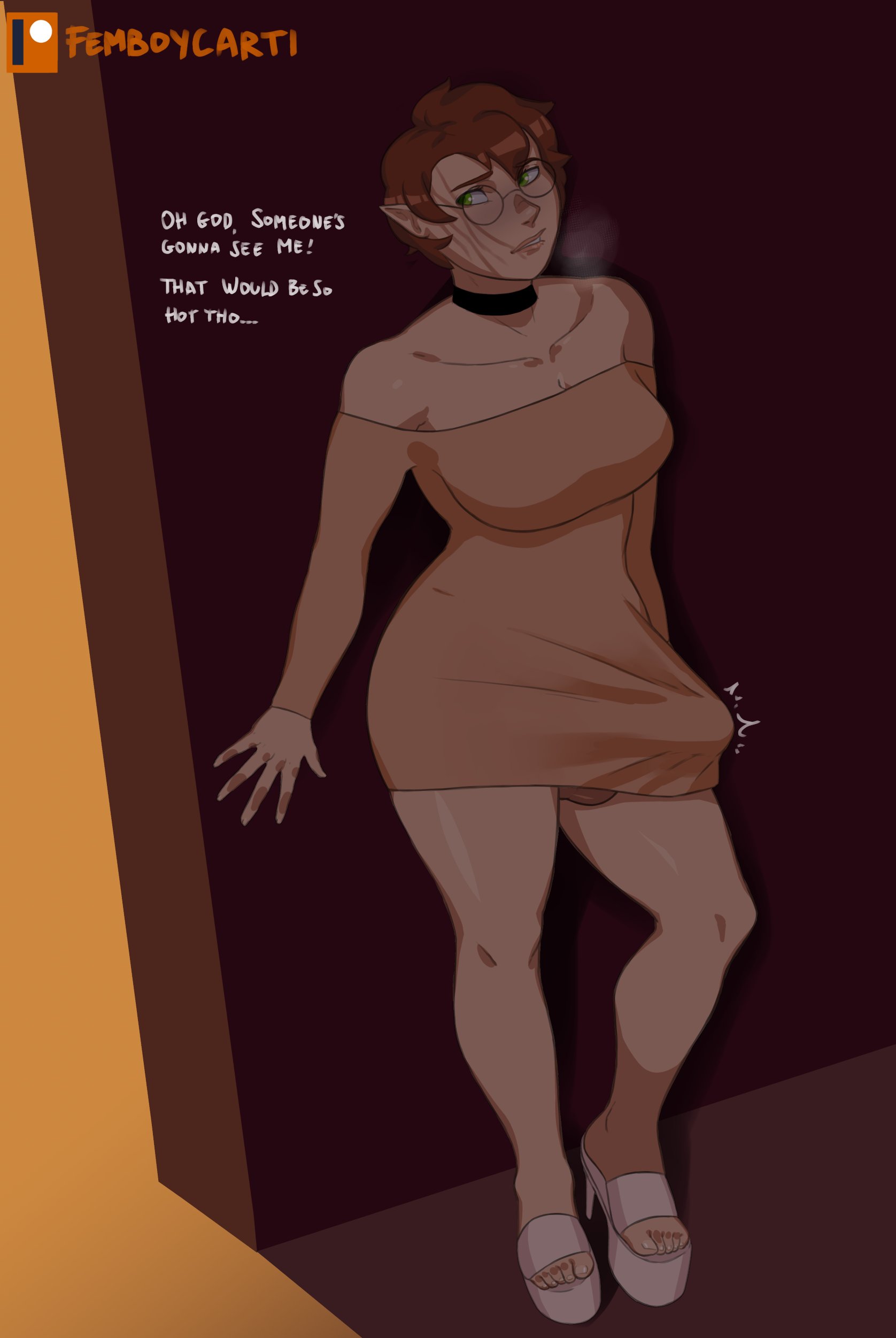 1futa, balls, big breasts, big penis, bottomless, breasts, brown hair, bulge, clothed, clothing, dialogue, elf, english text, erect nipples under clothes, erection, erection under clothes, exhibitionism, femboycarti, futa only, futanari, glasses, hiding erection, high-angle view, humanoid, humanoid penis, intersex, light skin, light-skinned futa, mostly clothed, penis, penis under clothes, short hair, solo, standing, tenting, text, wardrobe malfunction